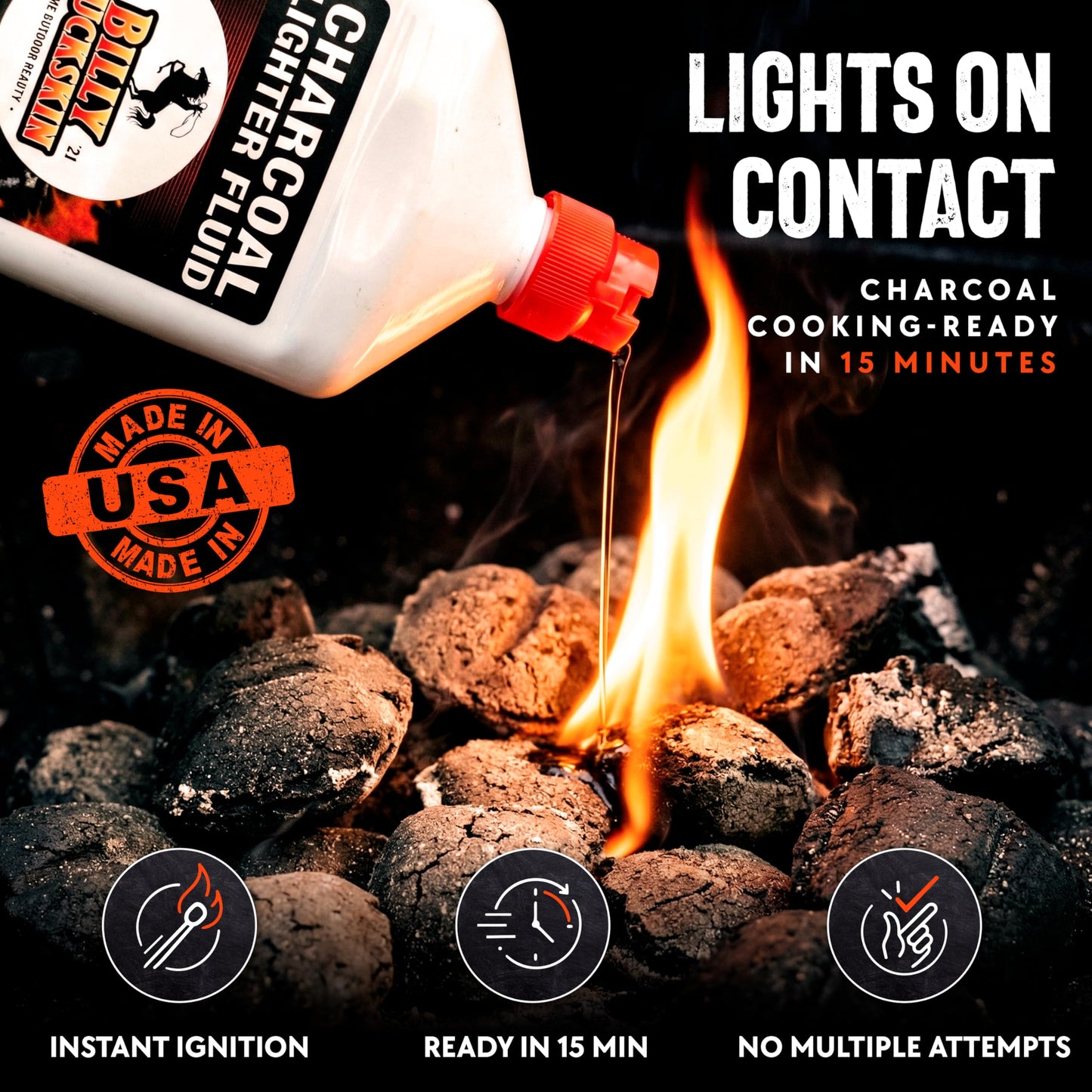 Charcoal Lighter Fluid (1 Quart) - 2 Pack Clean Burning, Low Odor & Fast Lighting Lighter Fuel - Perfect Fire Starter Fluid for Outdoor BBQ, Grilling, Camping, Charcoal & Wood Fires by Billy Buckskin