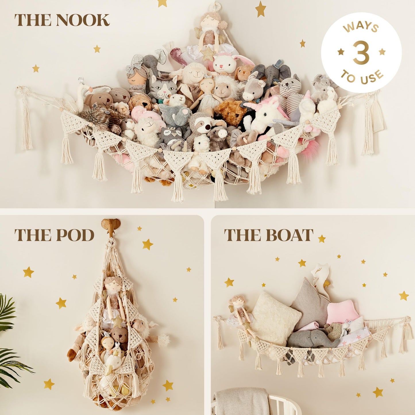 TIDYTEDS Stuffed Animal Hammock Corner | Sturdy Handcrafted Stuffed Animal Net | 4mm Double Macrame Cord Stuffed Animal Holder | Natural 100% Cotton Plushie Net | Toy Hammock w/LED Light (Ice Cream)
