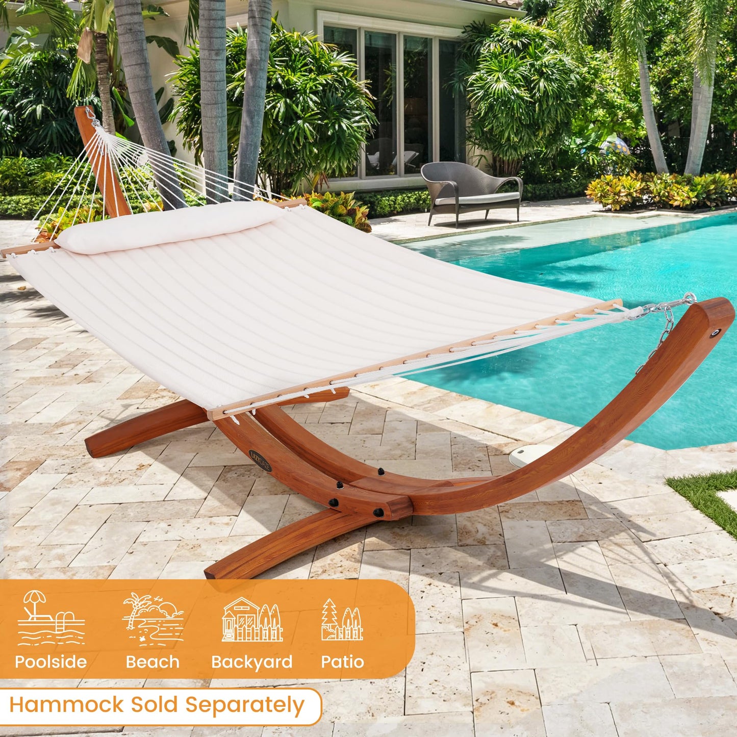 Lazy Daze Hammocks 10.5 FT Outdoor Arc Wood Hammock Stand, 2 Person Hard Pine Wood Hammock Stand with Carabiners and Chains for Outdoor Patio Garden Poolside, 300lb Capacity, Brown