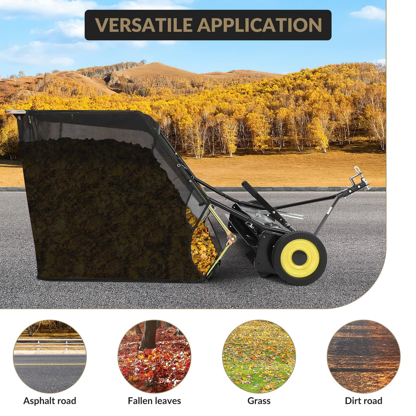 44" Pull Behind Lawn Sweeper, Large Capacity 26 Cu. ft. Leaf & Grass Collector with Adjustable Brush Height, Foldable Design, Dumping Rope for Picking Up Grass and Debris