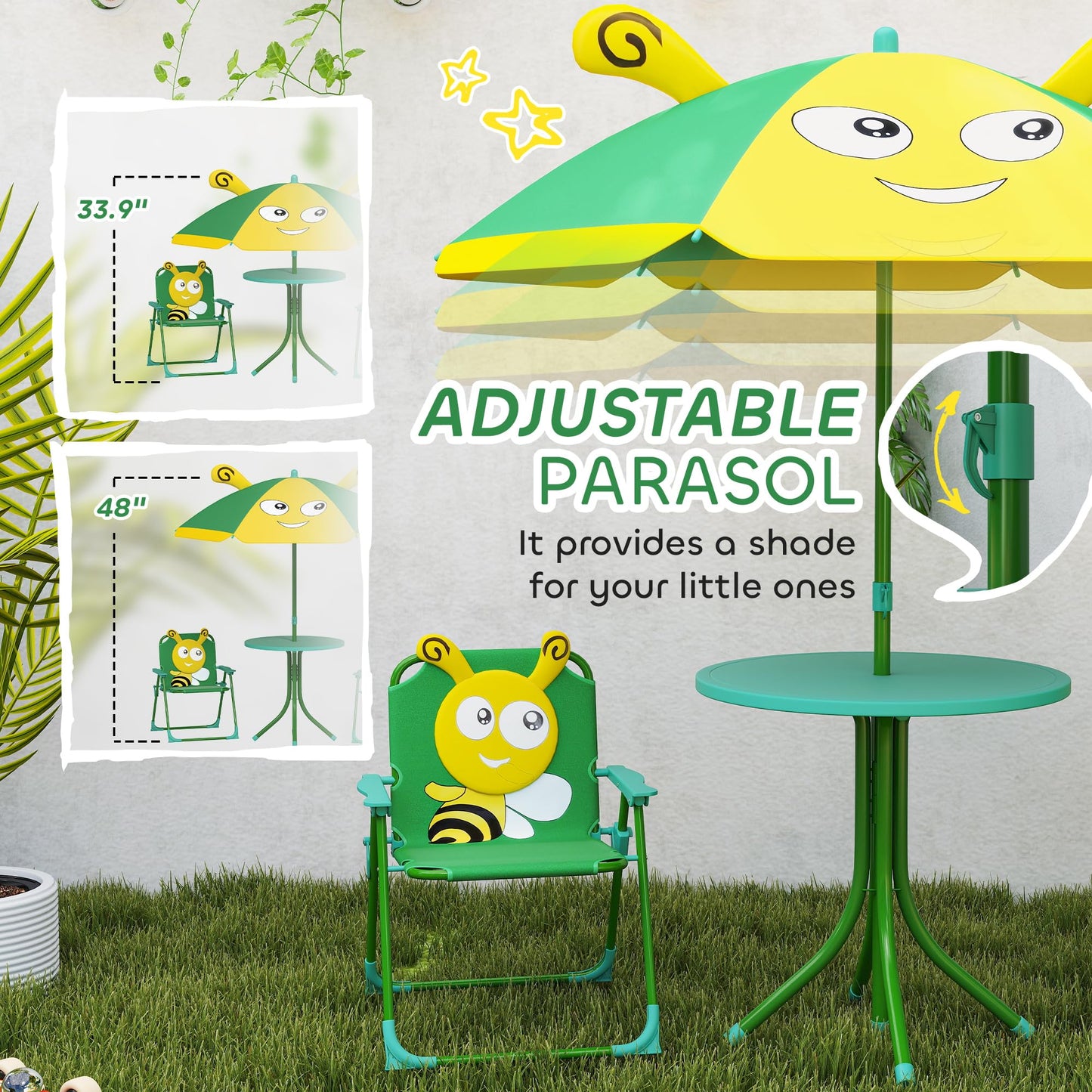 Qaba Kids Picnic Table and Chair Set, Outdoor Activity Table with Foldable Chairs, Removable Umbrella, Bee Pattern Toddler Patio Furniture for Backyard, Garden, Green
