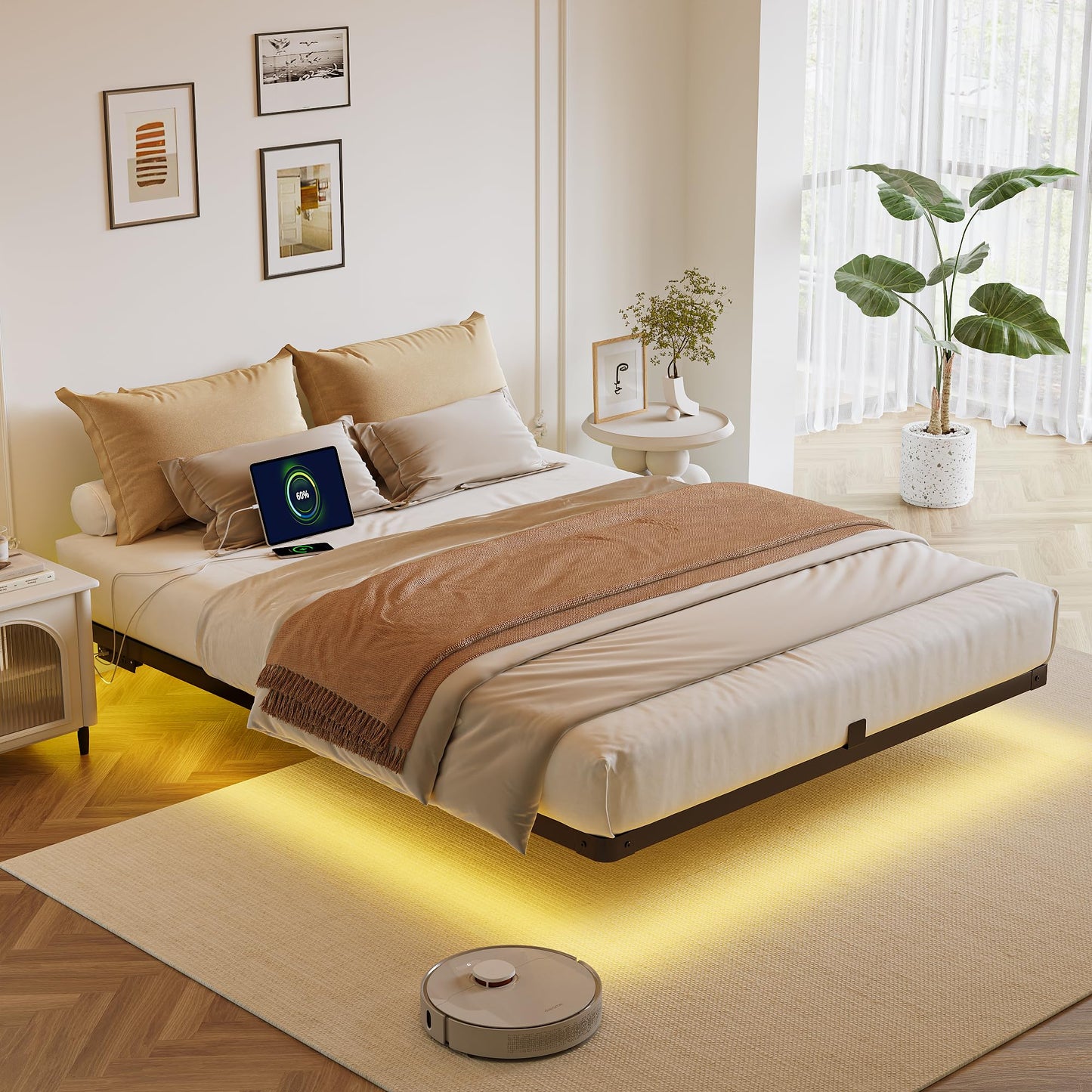 Decofy Queen Size Floating Bed Frame with LED Lights and Charging Station, Modern Minimalist Design, No Spring Mattress Required, Easy to Assemble