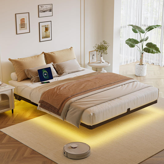 Decofy Queen Size Floating Bed Frame with LED Lights and Charging Station, Modern Minimalist Design, No Spring Mattress Required, Easy to Assemble