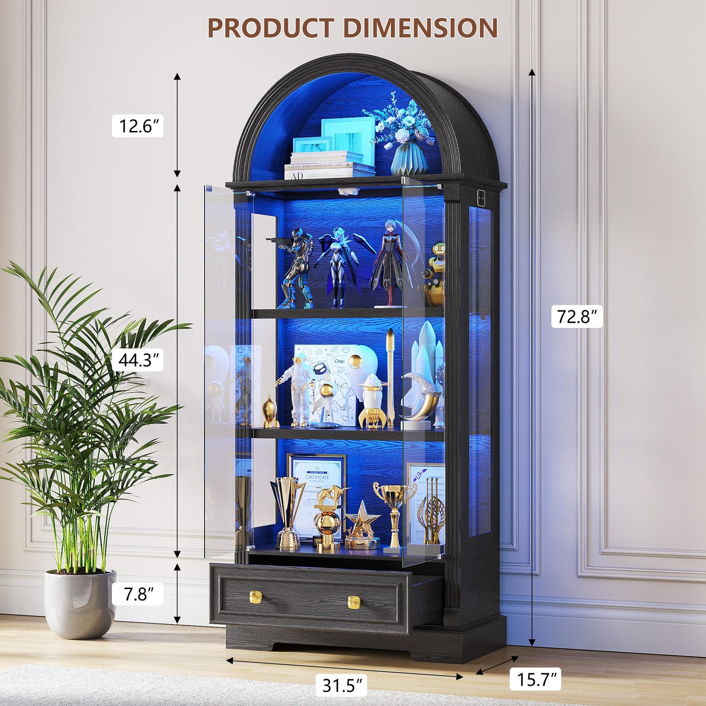 Black Curio Cabinet with Glass Doors, 72" Tall Arched Display Cabinet with Human Sensor Lights, 4-Tier Display Case for Collectibles Bookcase Living Room