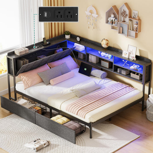 DWVO Full Corner Bed Frame with Bookcase Storage, Led Lights Platform Bed Frame with 2 Drawers&Charging Station Full Size Daybed with Flip-up Storage Headboard for Bedroom, Dorm or Guest Room,Grey