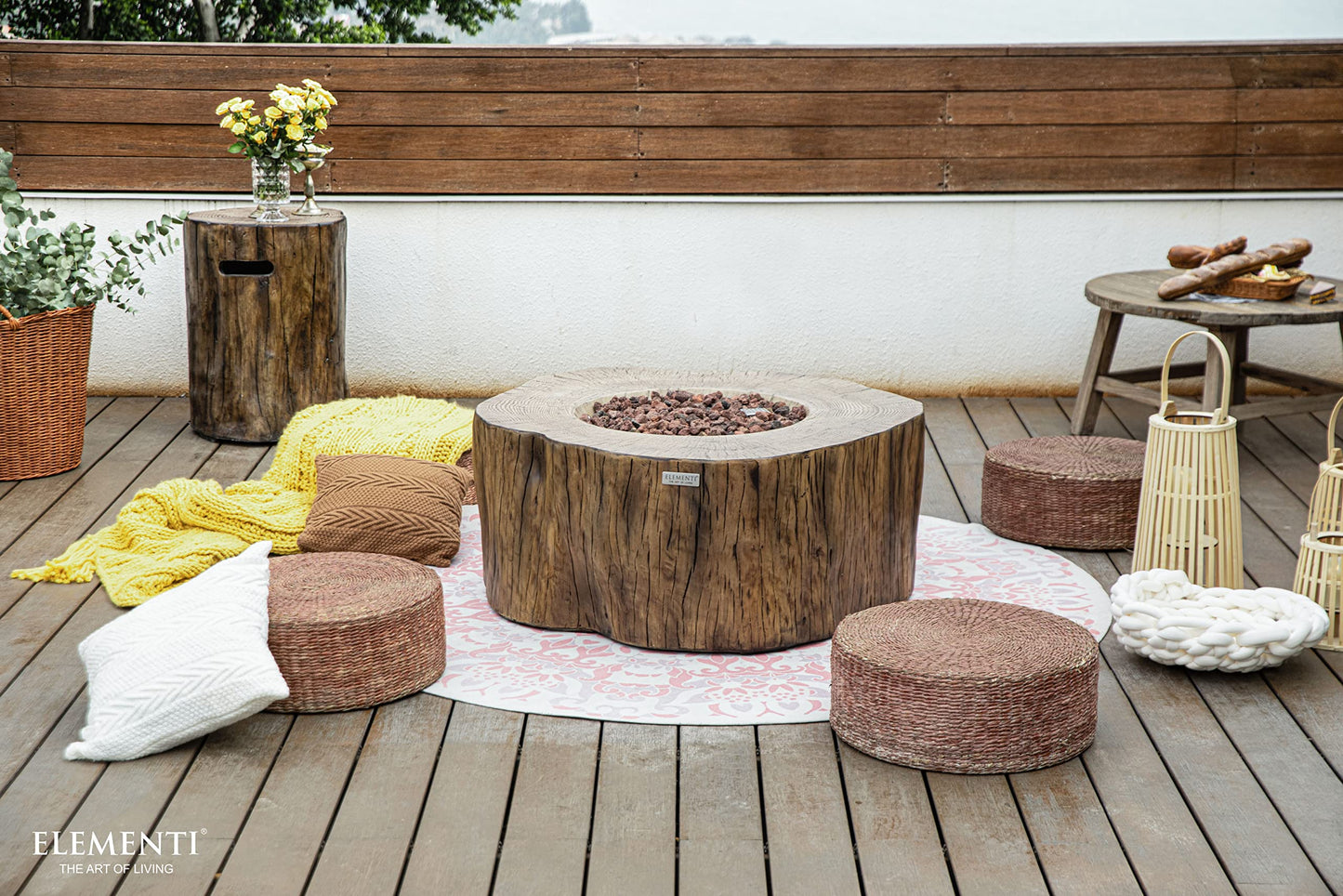 Elementi | Manchester Gas Fire Pit Cast Concrete Semi-Round Fire Table, Outdoor Fire Pit Electronic Ignition | Canvas Cover, Lava Rock Included | Red Wood (Propane Gas)