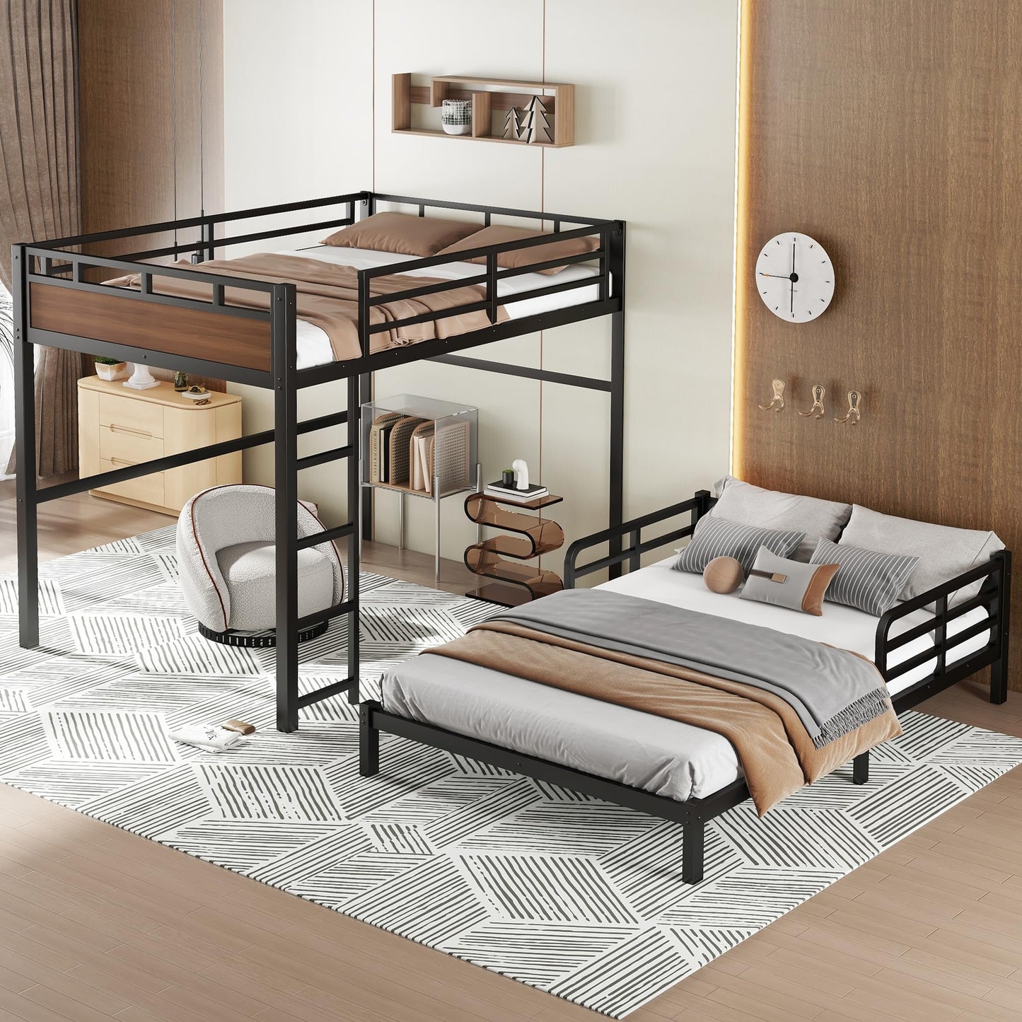 Bellemave Full XL Over Full XL Bunk Bed, Separable Bunk Beds for Kids, Converts to Loft Bed & Platform Bed, Heavy Duty Metal Bunkbed with Guardrails, No Box Spring Needed, Walnut