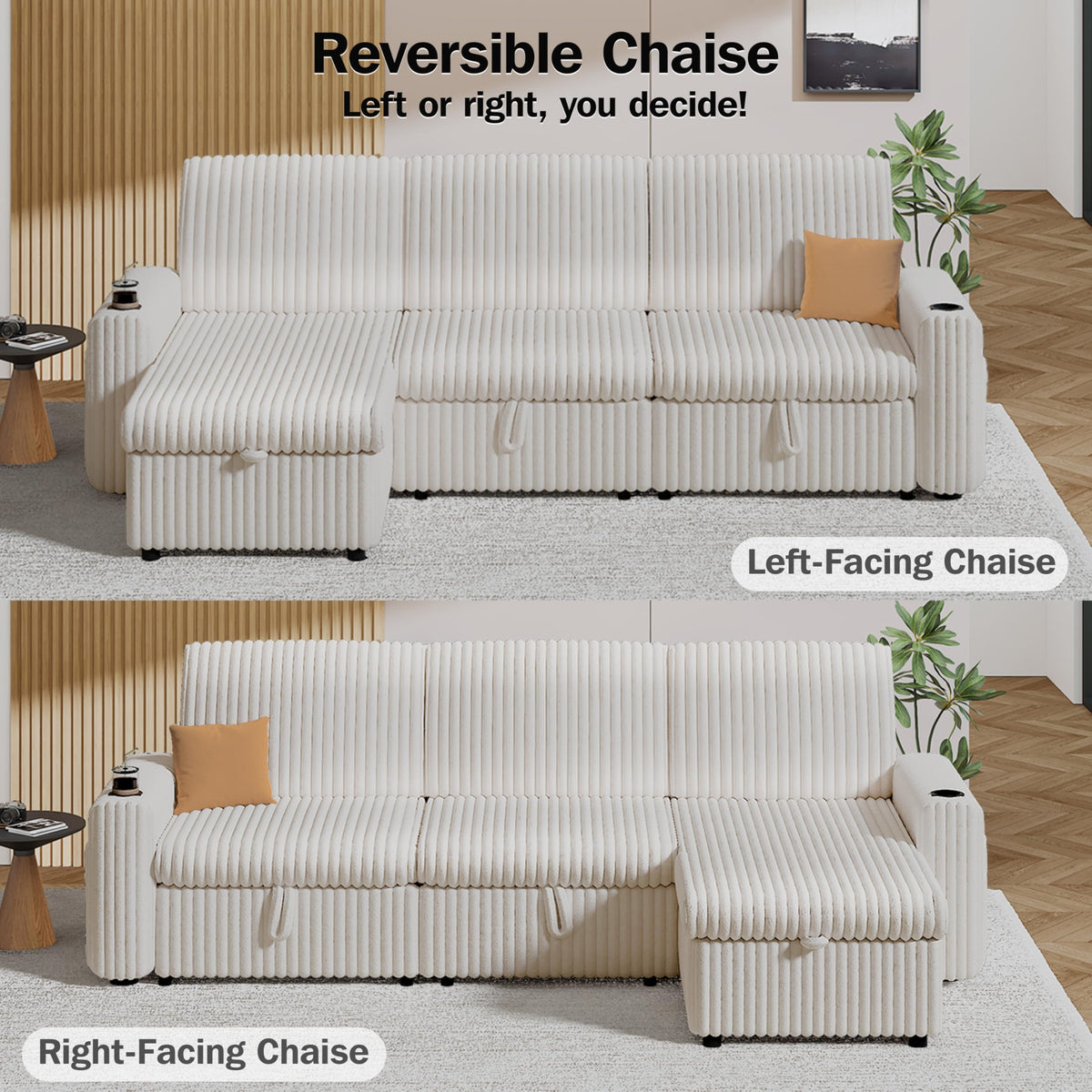 Sunny Heart 101" Plush Corduroy L Shaped Sectional Sleeper Sofa Bed with Pull Out Bed, Reclining Backrest, Reversible Storage Chaise, USB Ports, Cup Holders, Tool Free Assembly, Beige