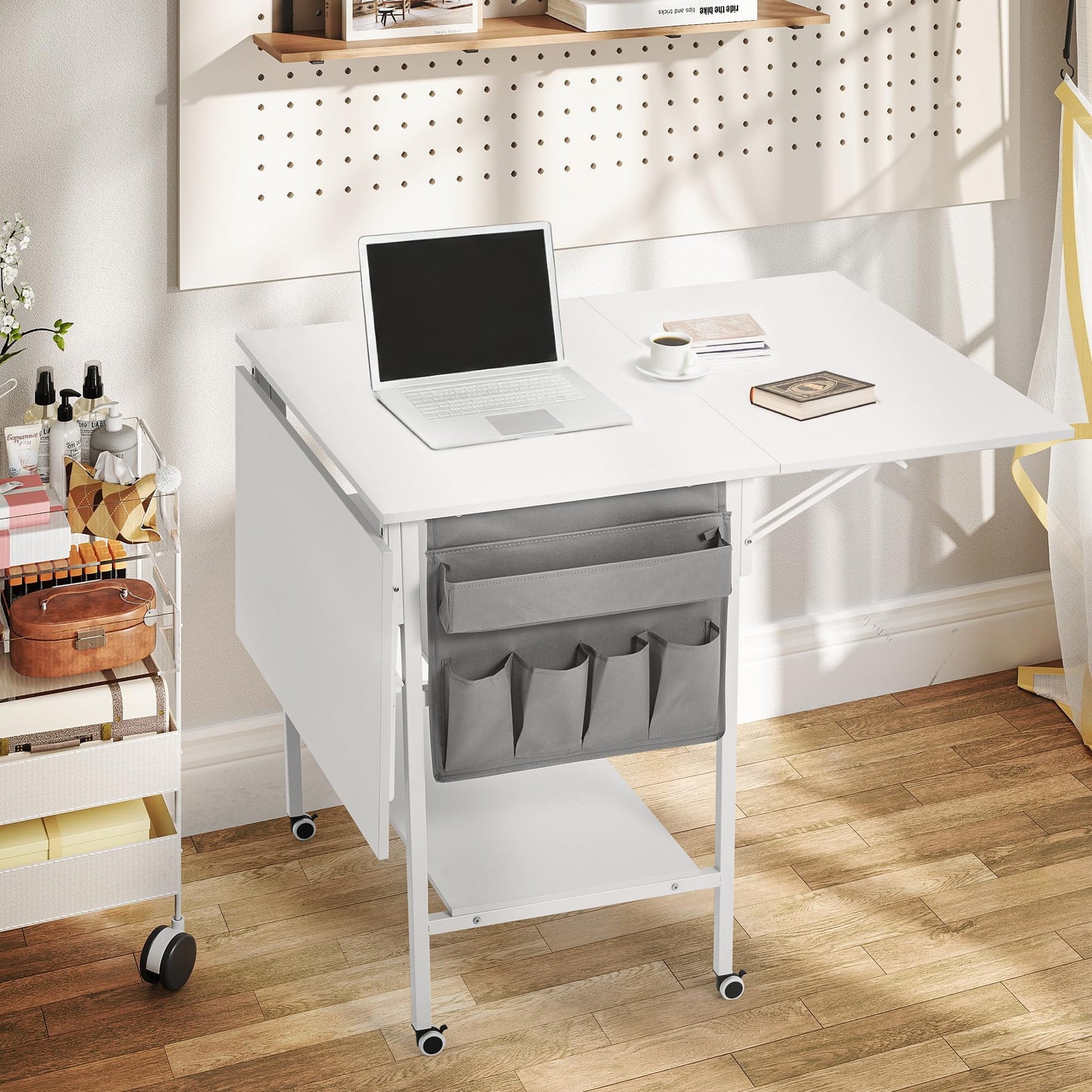 EROMMY Home Hobby Sewing Table with Storage Shelves and Storage Bag, Mobile Folding Cutting Table for Large Fabric, Foldable Desk for Home Office Sewing Room Craft Room, Fixed Height 36in