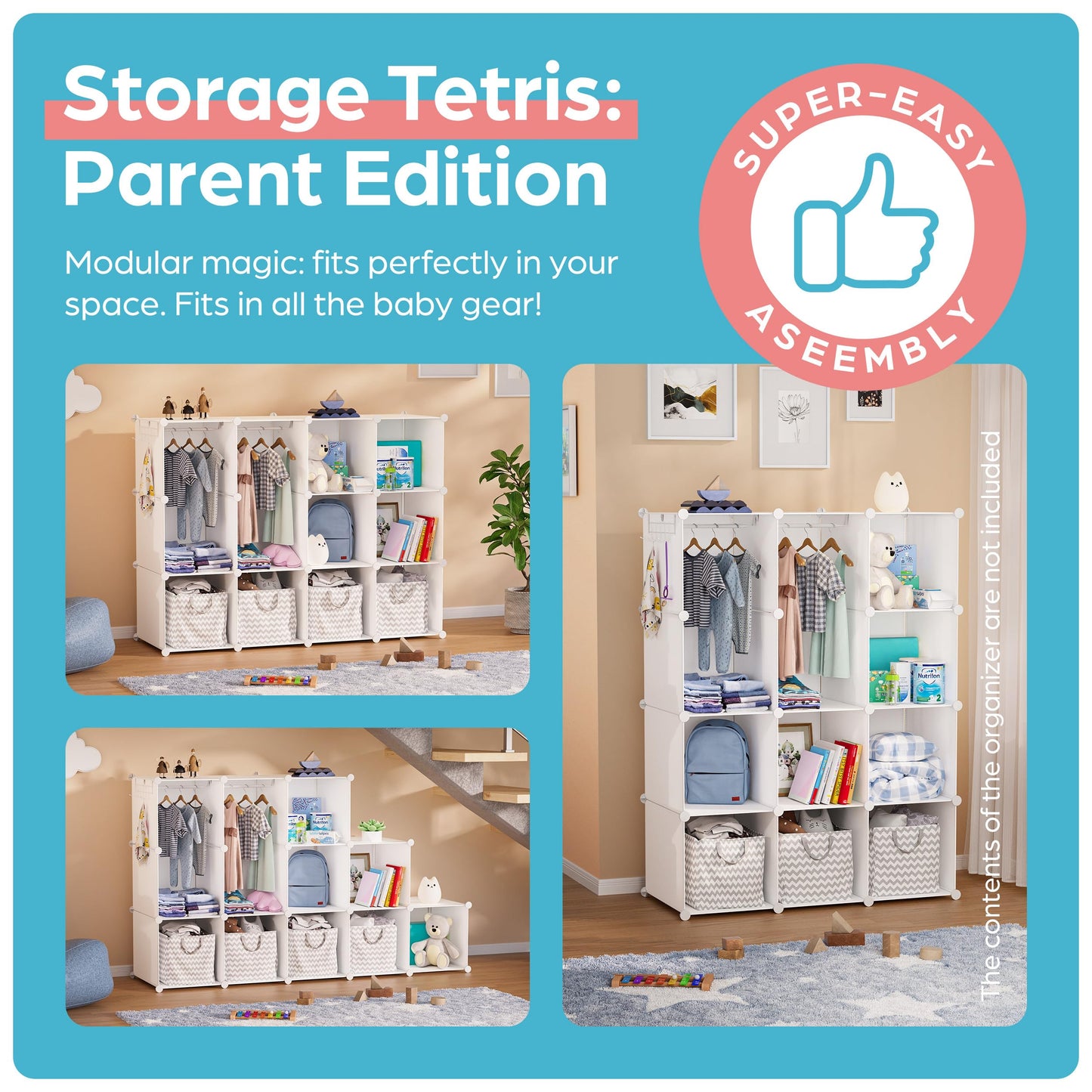 CUBEDIY Baby Closet Organizer for Nursery: Durable Baby Wardrobe for Closet - Customizable Baby Dresser Amoire Shelves - Waterproof Shelf Clothes Organizer w/Wall Fixation (White)