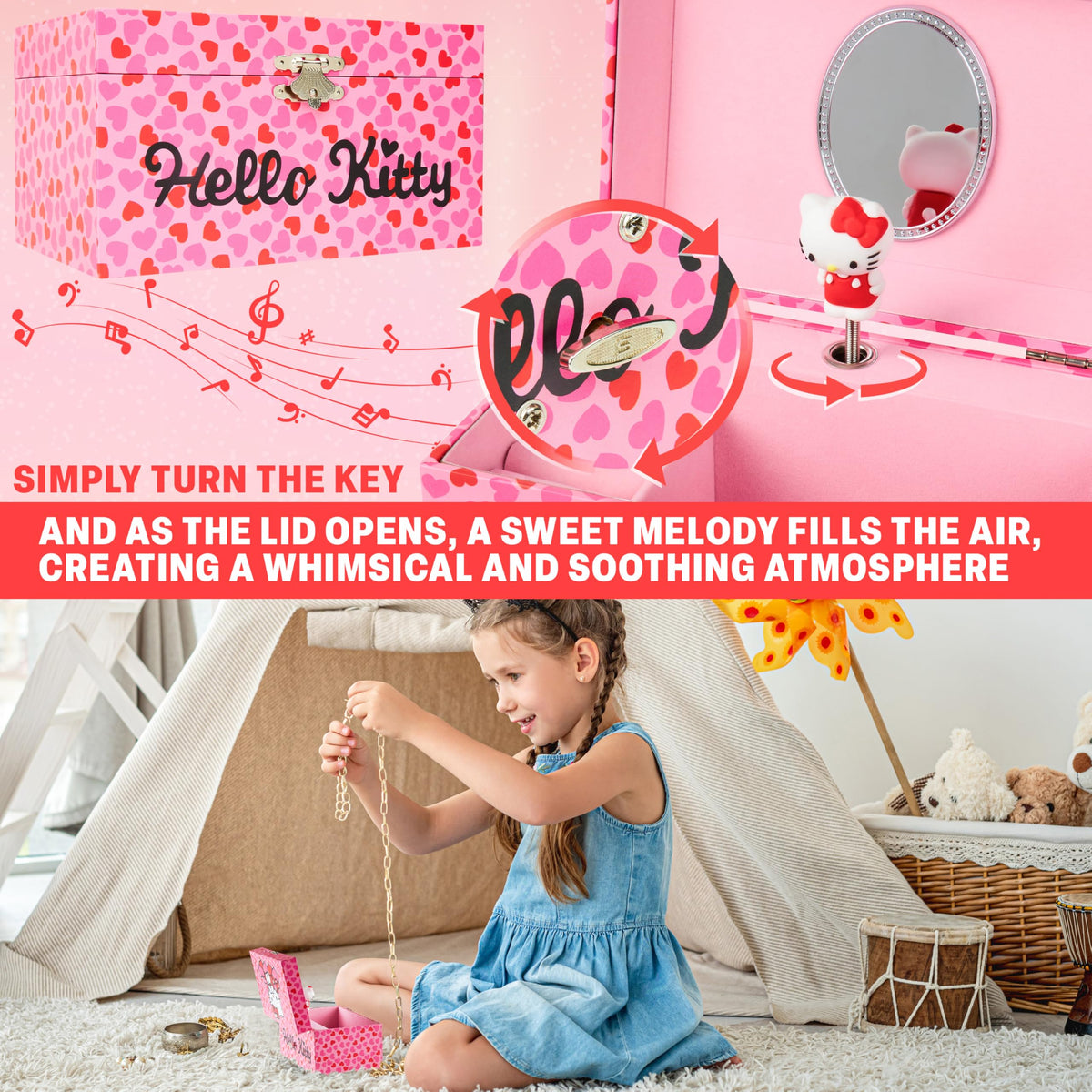 Get Trend Hello Kitty Sanrio Musical Jewelry Box for Girls Teens Women Kawaii Wind Up Music Box Jewelry Organizer Ring Holder Gifts for Women (Pink Hello Kitty)