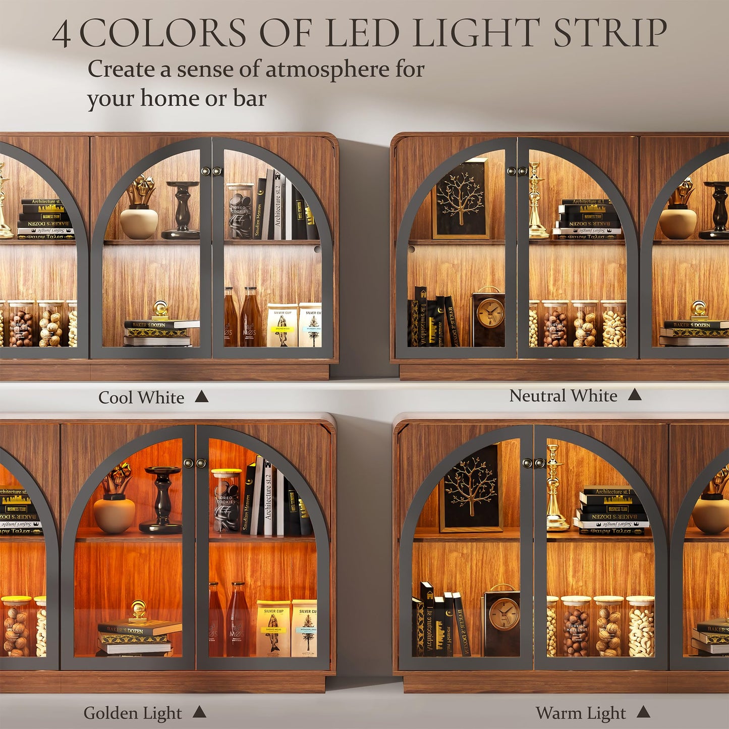 beronbaer Sideboard Buffet Cabinet with Storage, 68" Walnut Credenza Accent Cabinet Buffet Table w/4 Arched Glass Doors & LED Light, Modern Coffee Bar Liquor Cabinet w/2 Shelves for Kitchen Entryway