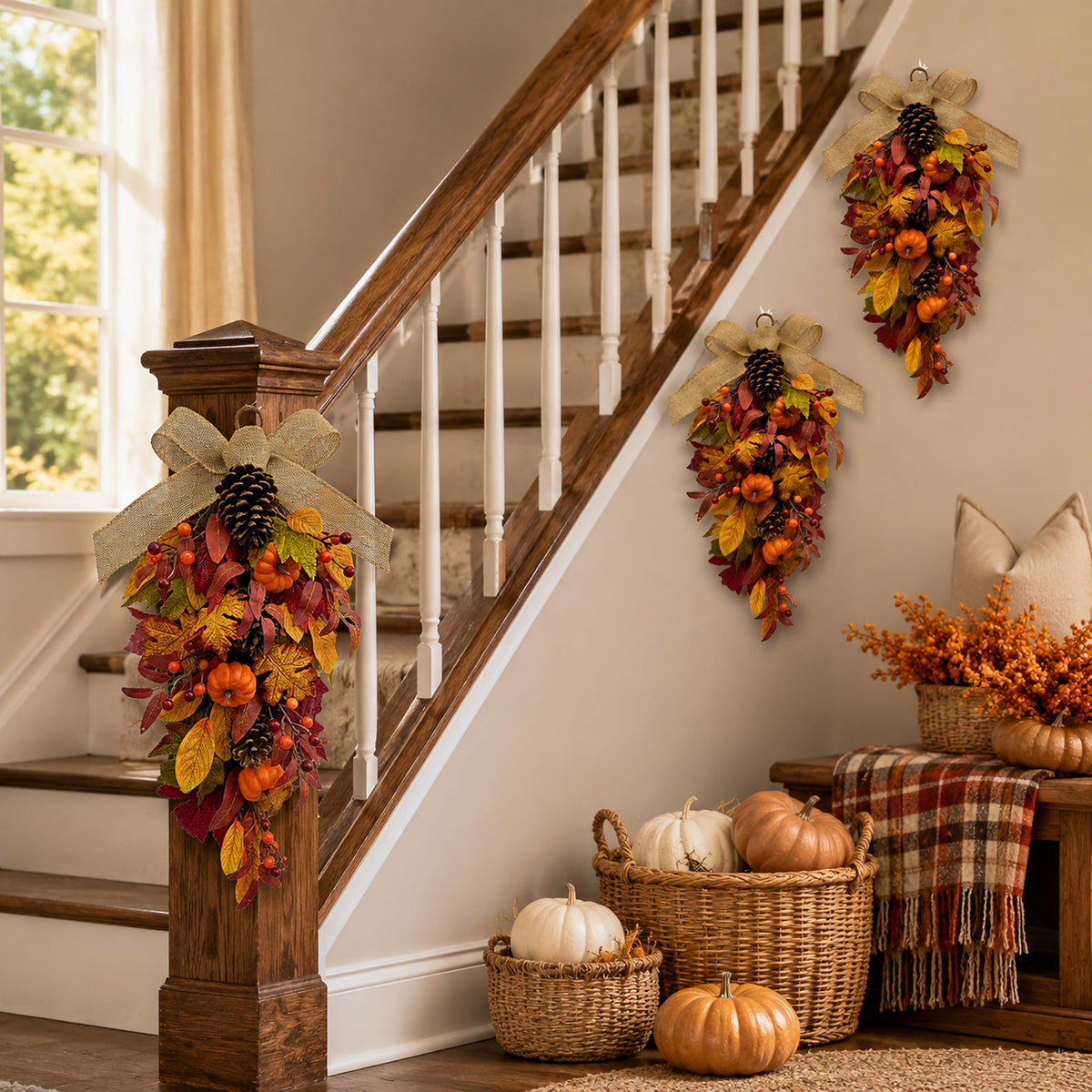 Svndlyn 25 Inch Fall Teardrop Swag with Pumpkins Pinecones Maple Leaves