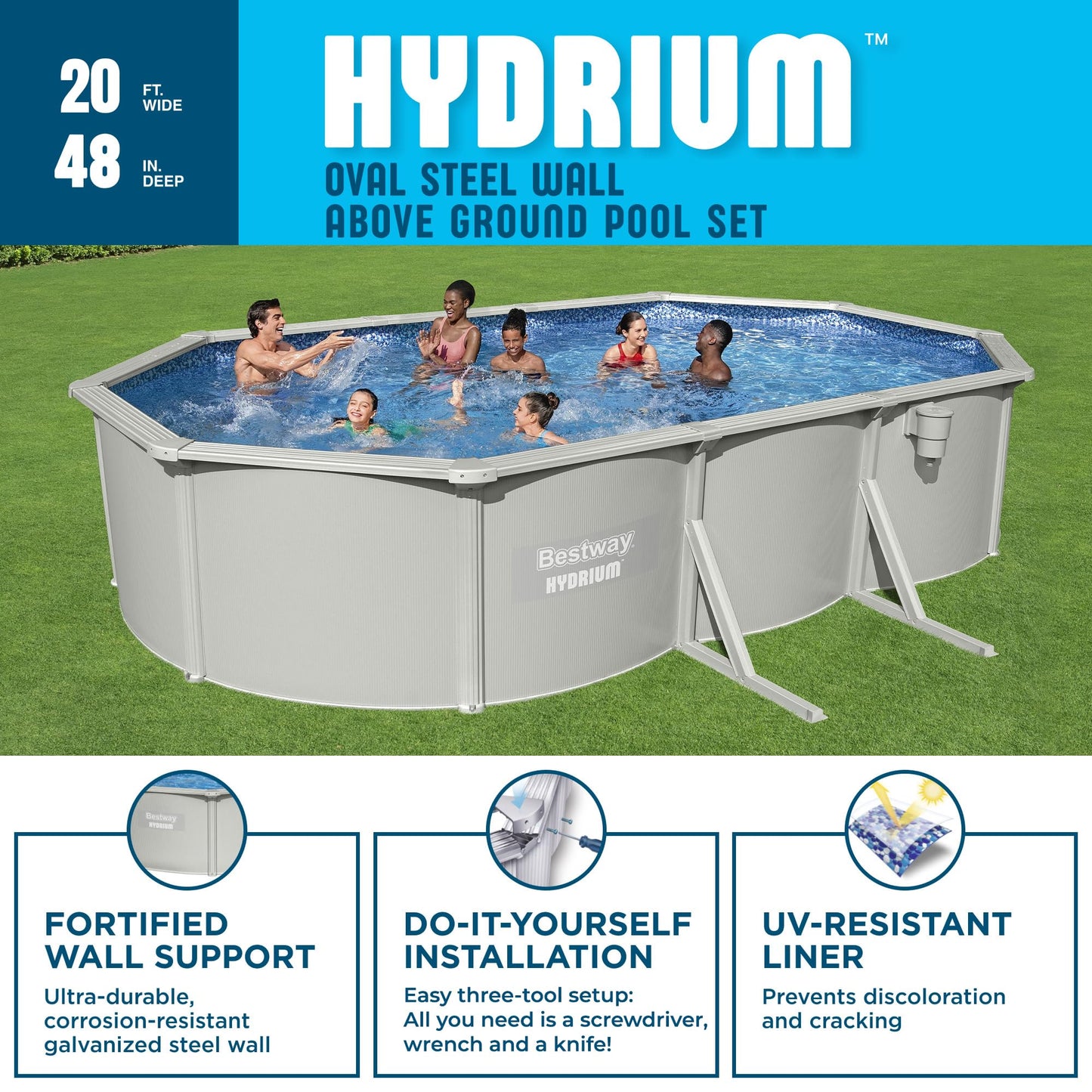 Bestway Hydrium 20' x 12' x 48" Above Ground Pool, Oval Steel Side Wall Frame Outdoor Swimming Pool Set with Sand Filter Pump, Ladder & Accessories