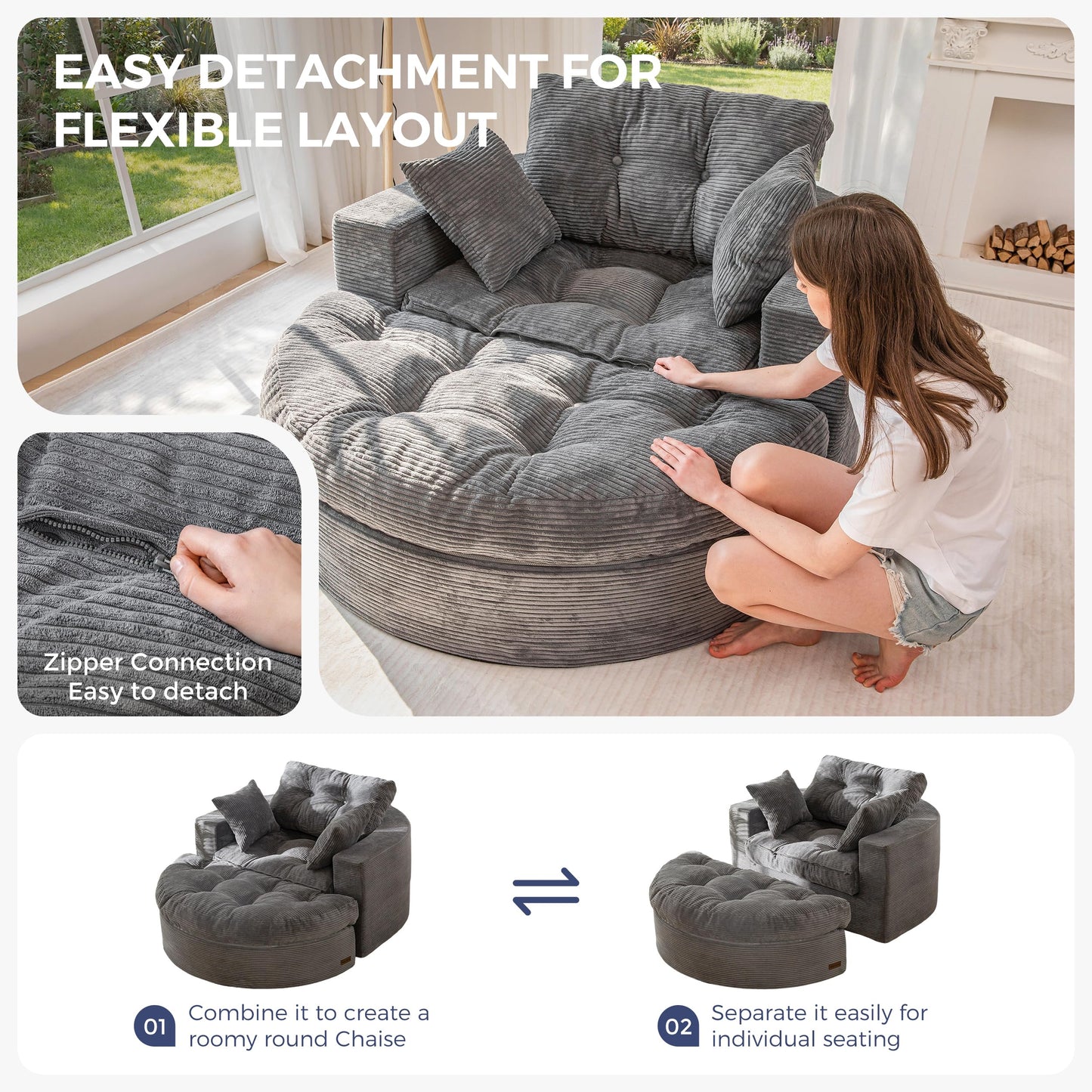 MAXYOYO Oversized Round Chaise Lounge Sofa, Upholstered Lounge Chair with 3 Pillows, Boneless Sofa Couch with Ottoman, Deep Seat Chair for Living Room, Bedroom, No Assembly, Dark Grey