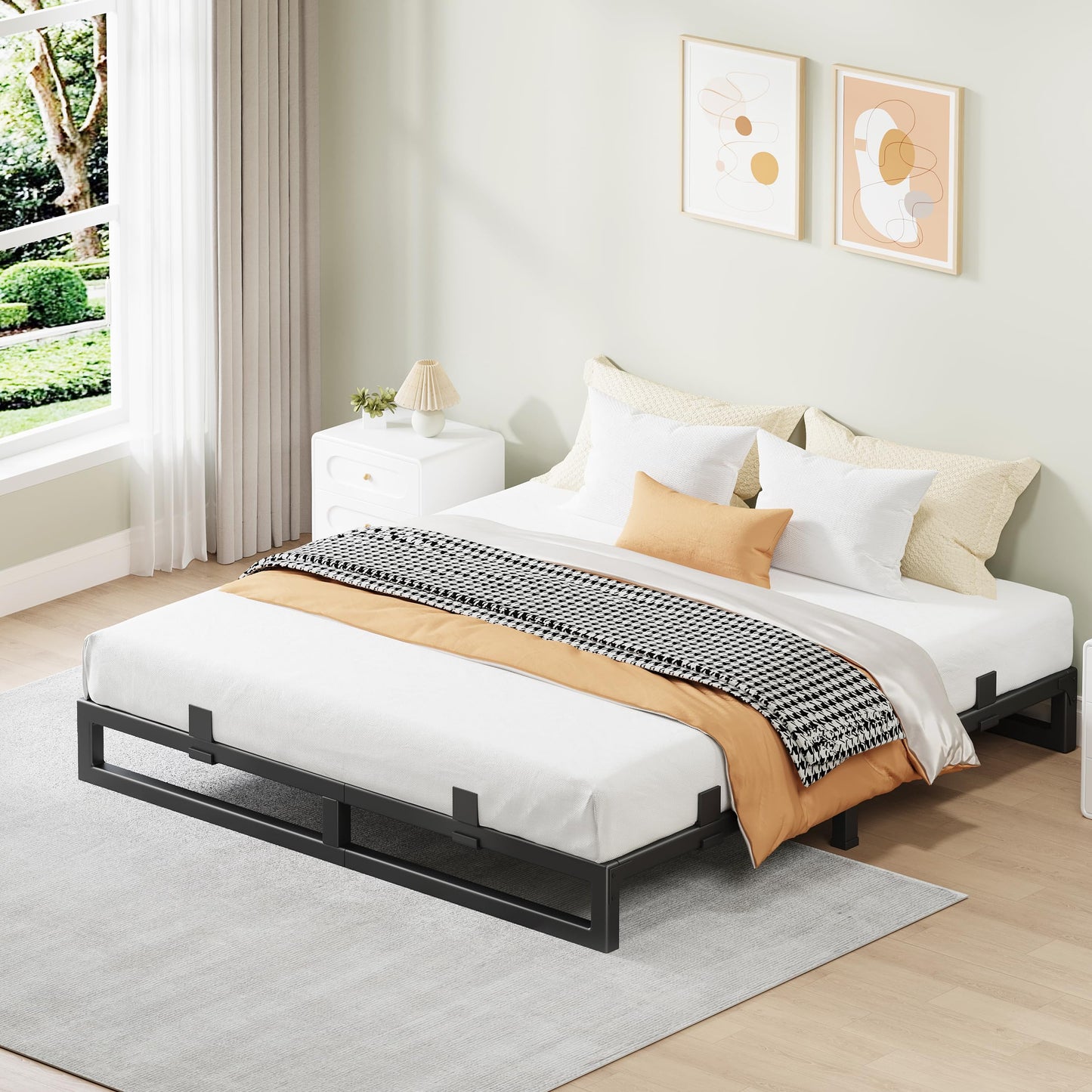 Cresyfu King Size Bed Frame, 6 Inch Metal Platform Bed Frames with Squeak Free U-Slot Design, 6 Non-Slip Guards, 3500lbs Heavy Duty Steel Slat Support, No Box Spring Needed, Under Bed Storage, Black