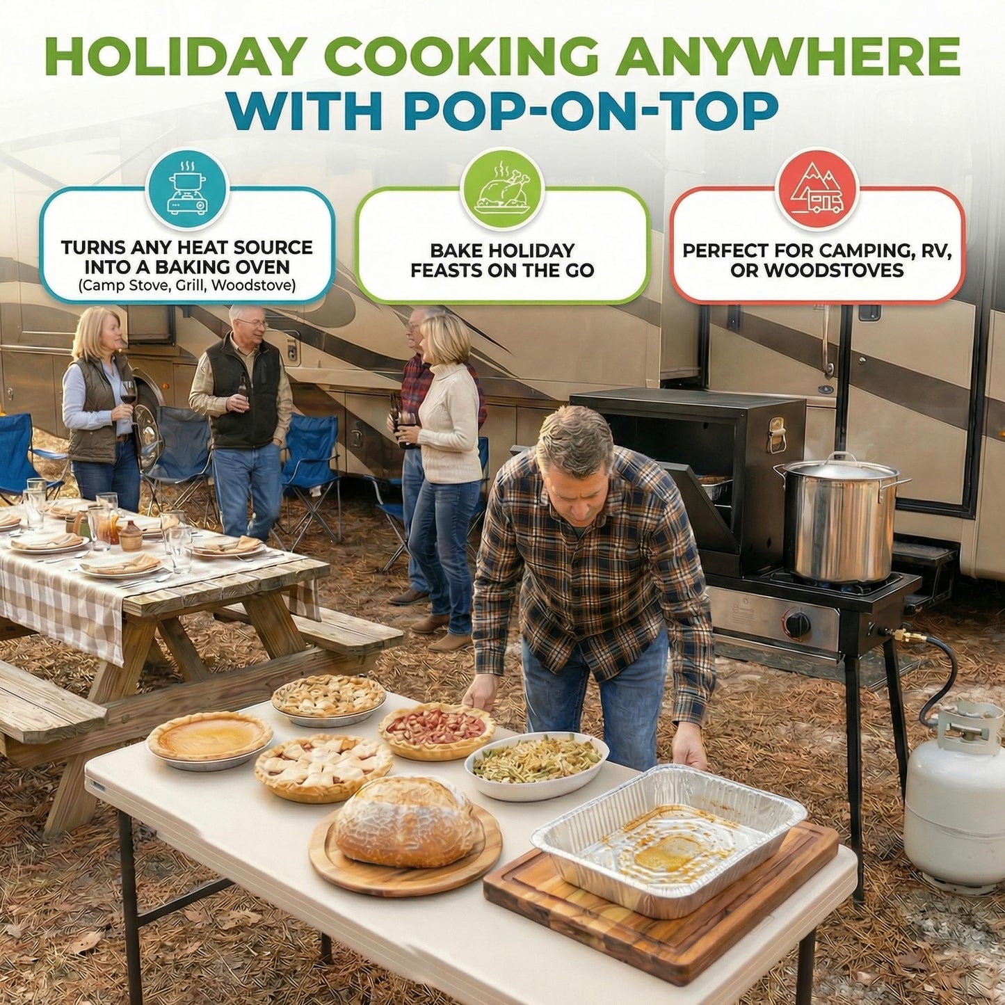 Camping Oven - Pop-On-Top Full Size Baking Oven for Outdoor, RV, Tent Camping, Preppers, Emergency.
