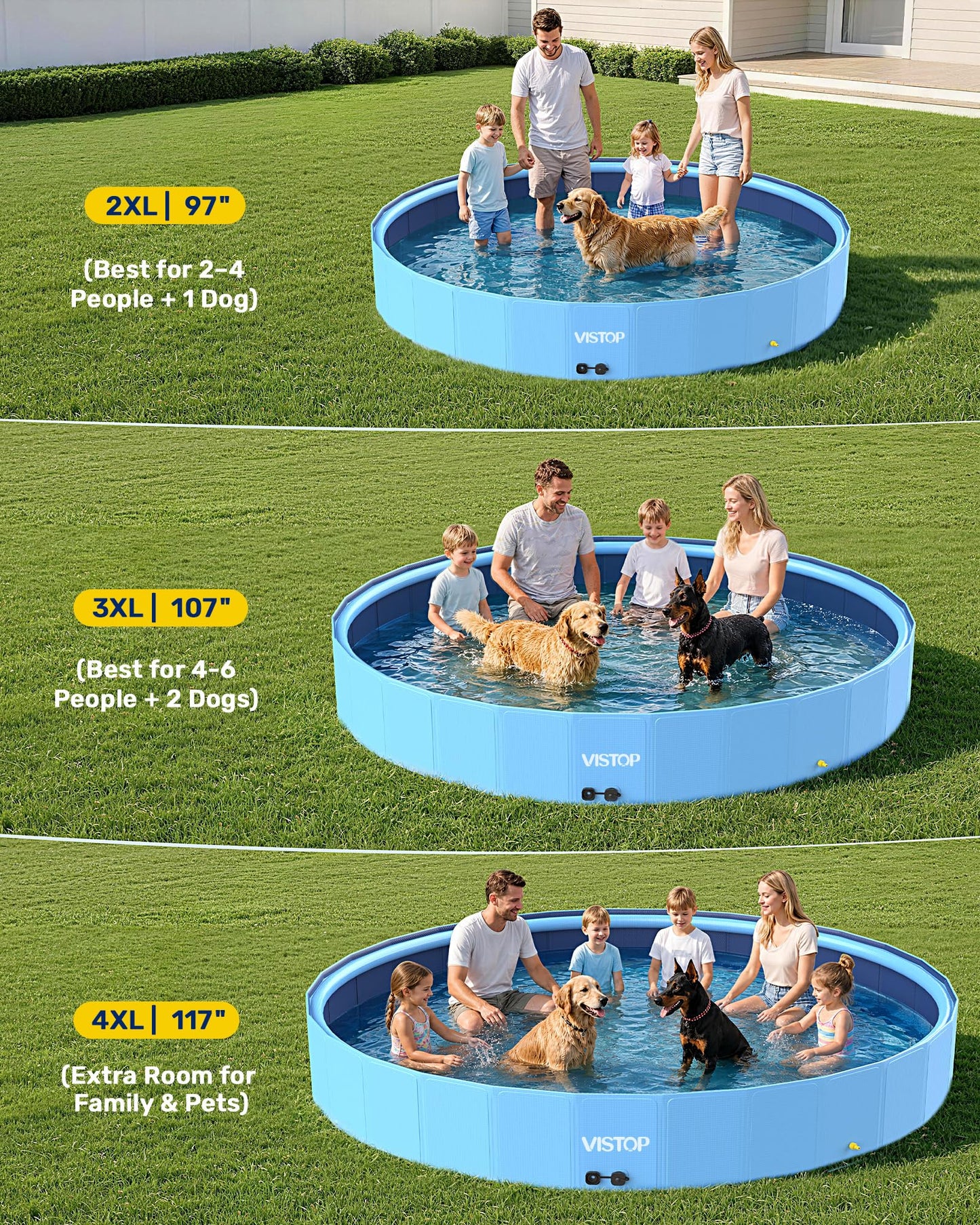 VISTOP 117" Extra Large Dog Pool with Sprinkler, Heavy Duty Foldable Hard Plastic Kiddie Pool, Non-Slip Collapsible Swimming Pool for Dogs, Kids & Pets, Portable Outdoor Backyard Water Play Tub
