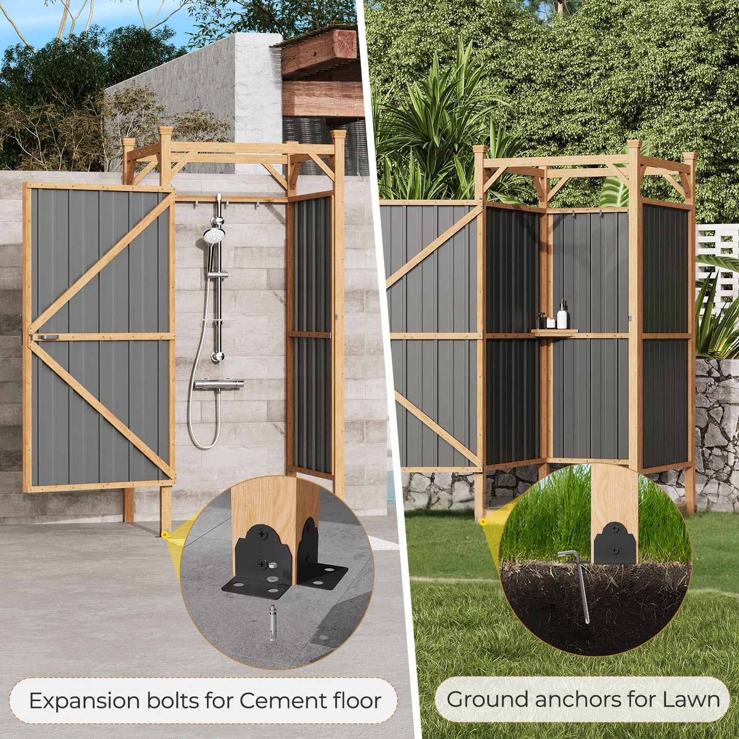 EROMMY Outdoor Shower Enclosure with Lockable Door, Weatherproof Outdoor Shower Stall with Metal Panels, Hooks & Shelves - Perfect for Pool Wash Station, Backyard & Beach Rinse Area Small Version