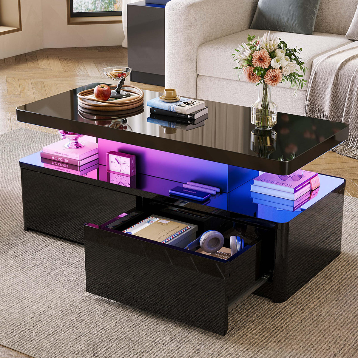 OneBlis 40" LED Coffee Table with 2 Large Drawers, 60,000-Color Lights App Control, Rectangular Center Table, High Glossy Modern Tea Table for Living Room, Black
