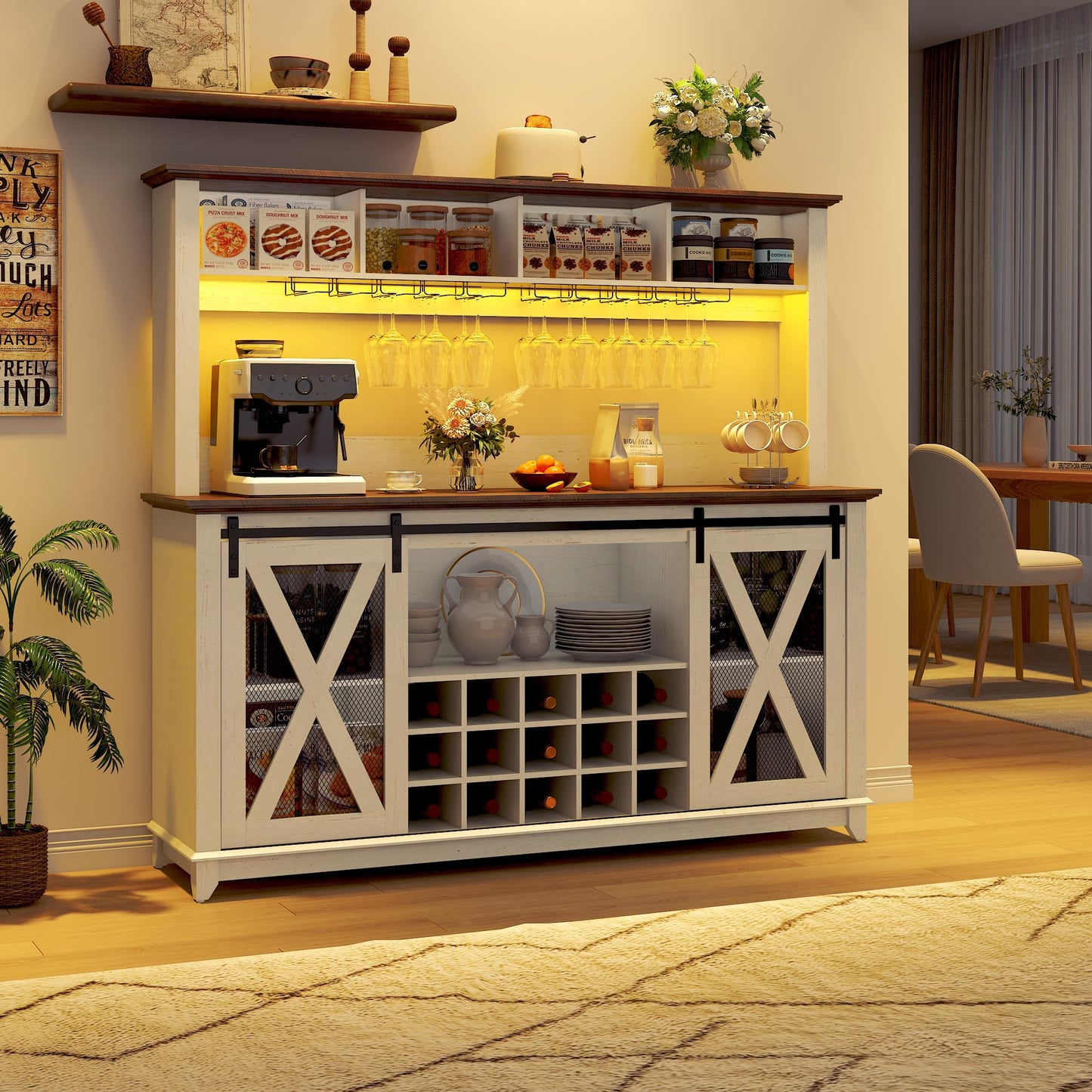63"Wide 58"H Farmhouse Coffee Bar Cabinet with Power Outlet and LED Light,Wine Bar Cabinet w/ 4 Storage Hutch,Kitchen Buffet Cabinet with 15 Wine and Glass Racks for Kitchen Dining Room(Antique White)