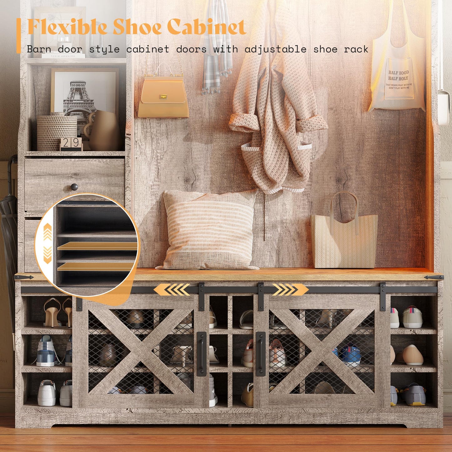 AMERLIFE 75" 7-in-1 Farmhouse Hall Tree with Shoe Bench & LED, Rustic Grey