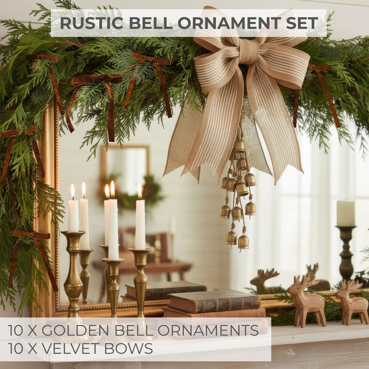 Rustic Golden Christmas Bell Ornaments & Velvet Bows - Set of 10