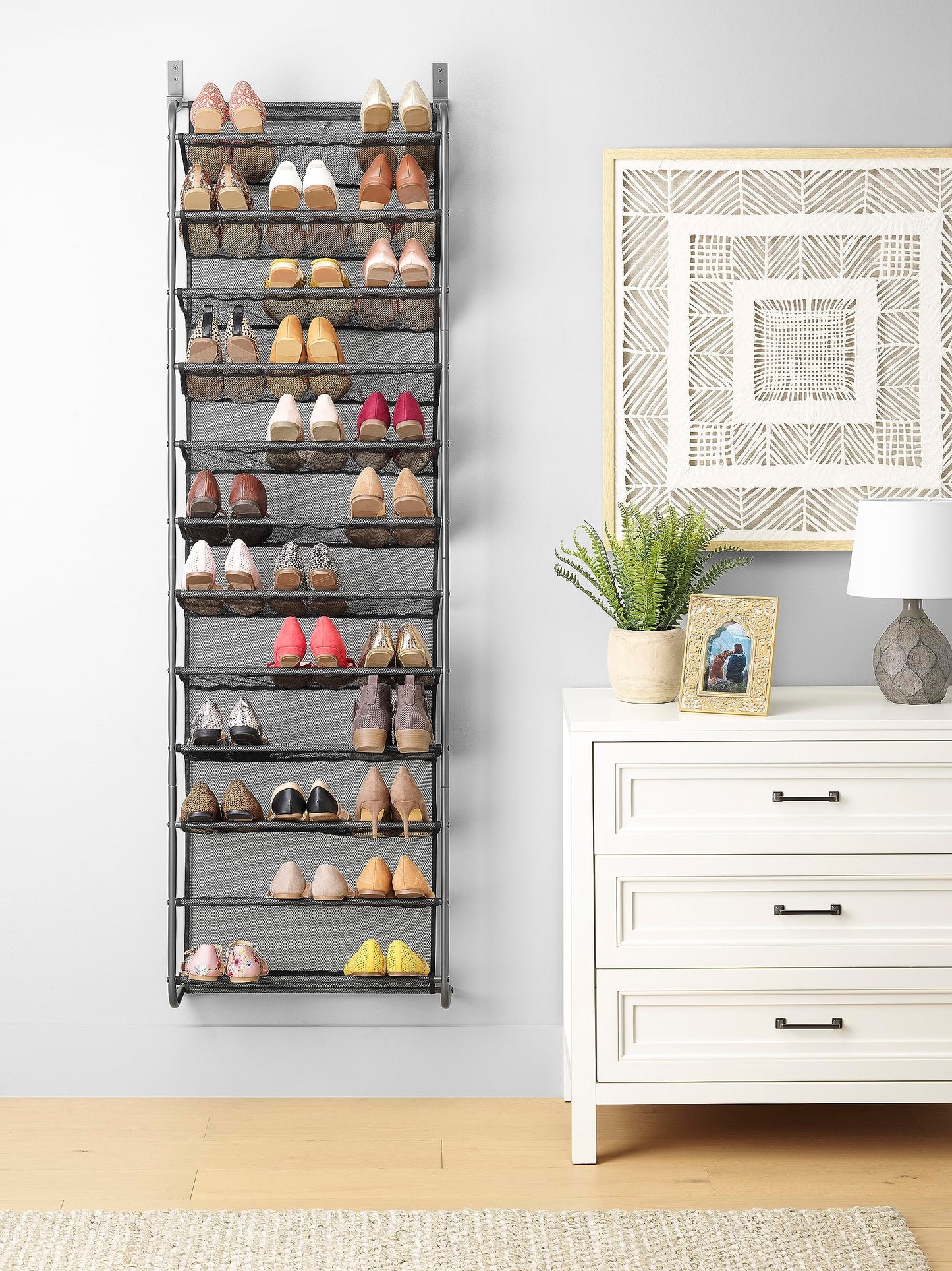 Whitmor 36 Pair Over The Door Shoe Organizer, 12 Tier Hanging Shoe Organizer, Heavy Duty Metal & Mesh Shoe Holder, Hanging Shoe Rack for Closet Organizer & Storage, 69"L x 21.7"W x 7.5"H, White