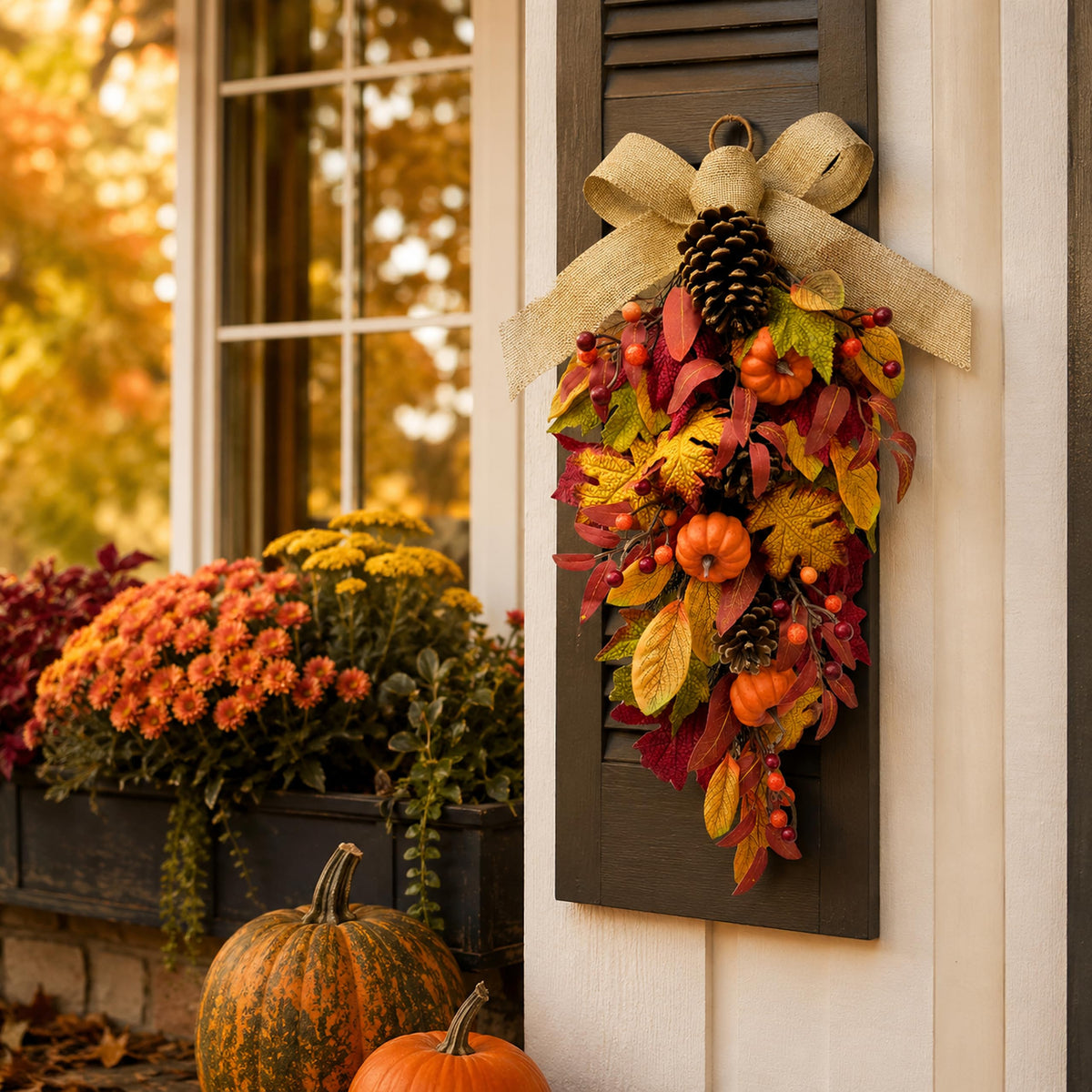 Svndlyn 25 Inch Fall Teardrop Swag with Pumpkins Pinecones Maple Leaves