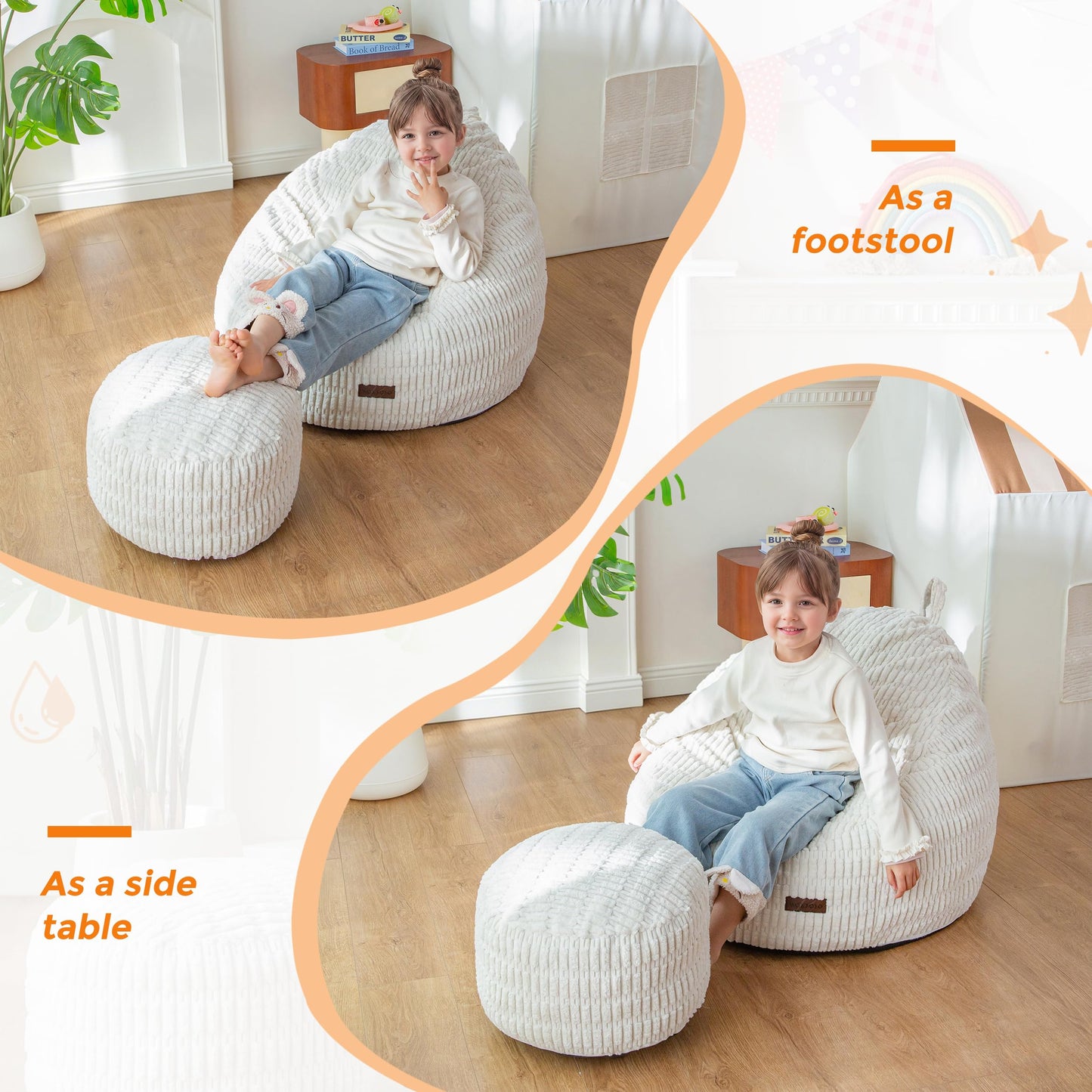 MAXYOYO Kids Bean Bag Chair with Ottoman, Soft Plush Bean Bag Sofa with Removable Cover for Boys and Girls, Convenient Floor Seat with Handle, Comfy Toddler Lounge Chair for Playroom, Bedroom