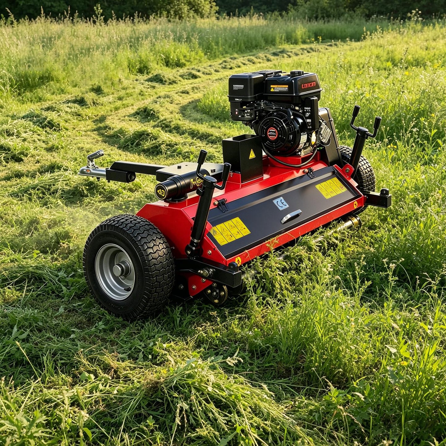 GIYI 47.24" Tow-Behind ATV Offset Flail Mower, 15HP 420cc E-Start Gas Engine Powered, All Terrain Weed Whacker Brush Cutter for Garden, Hillside, Farm, Orchard & Heavy Grass