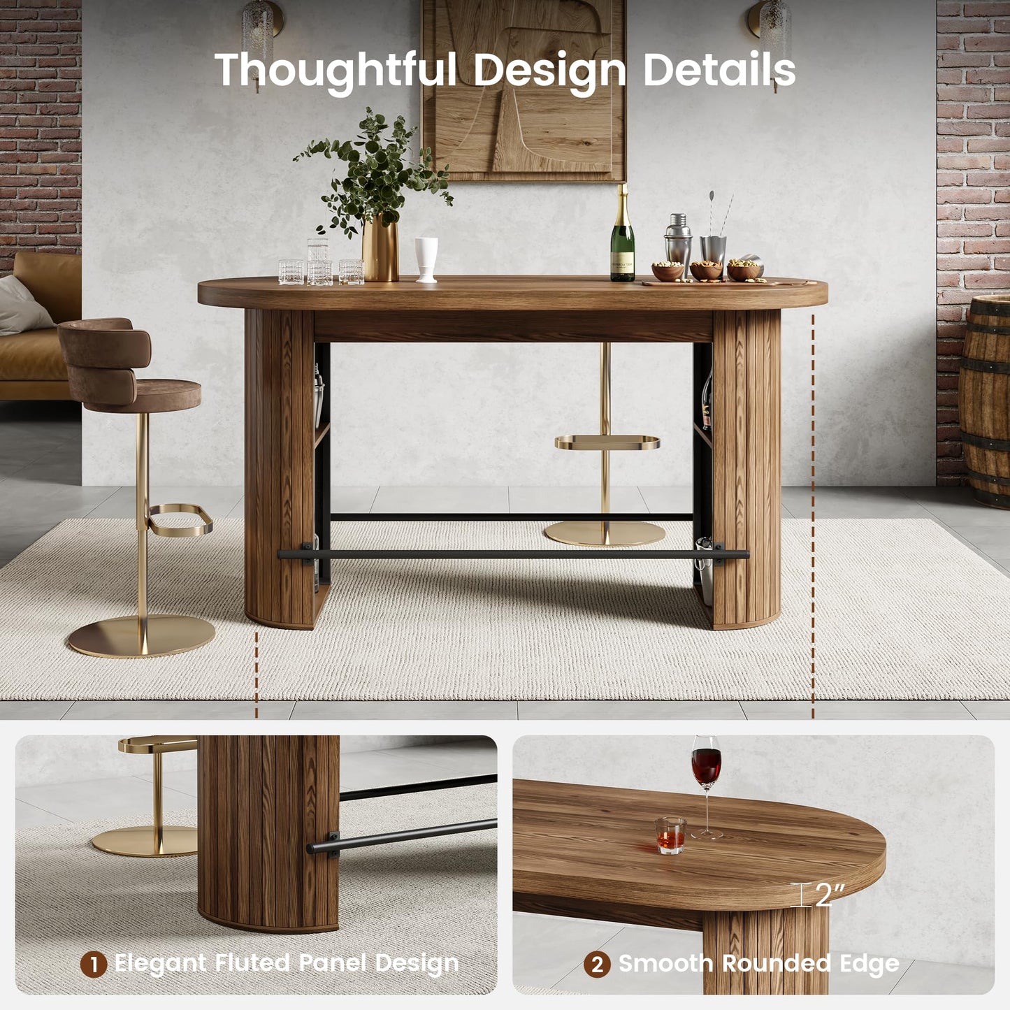 59" Bar Table with Storage - Walnut Vintage Counter Height Table, 6-Seater Pub Table with Metal Footrest, Wooden Round Edge Bar Counter, Home Bar Unit for Kicthen Island, Dining Room, Media Room
