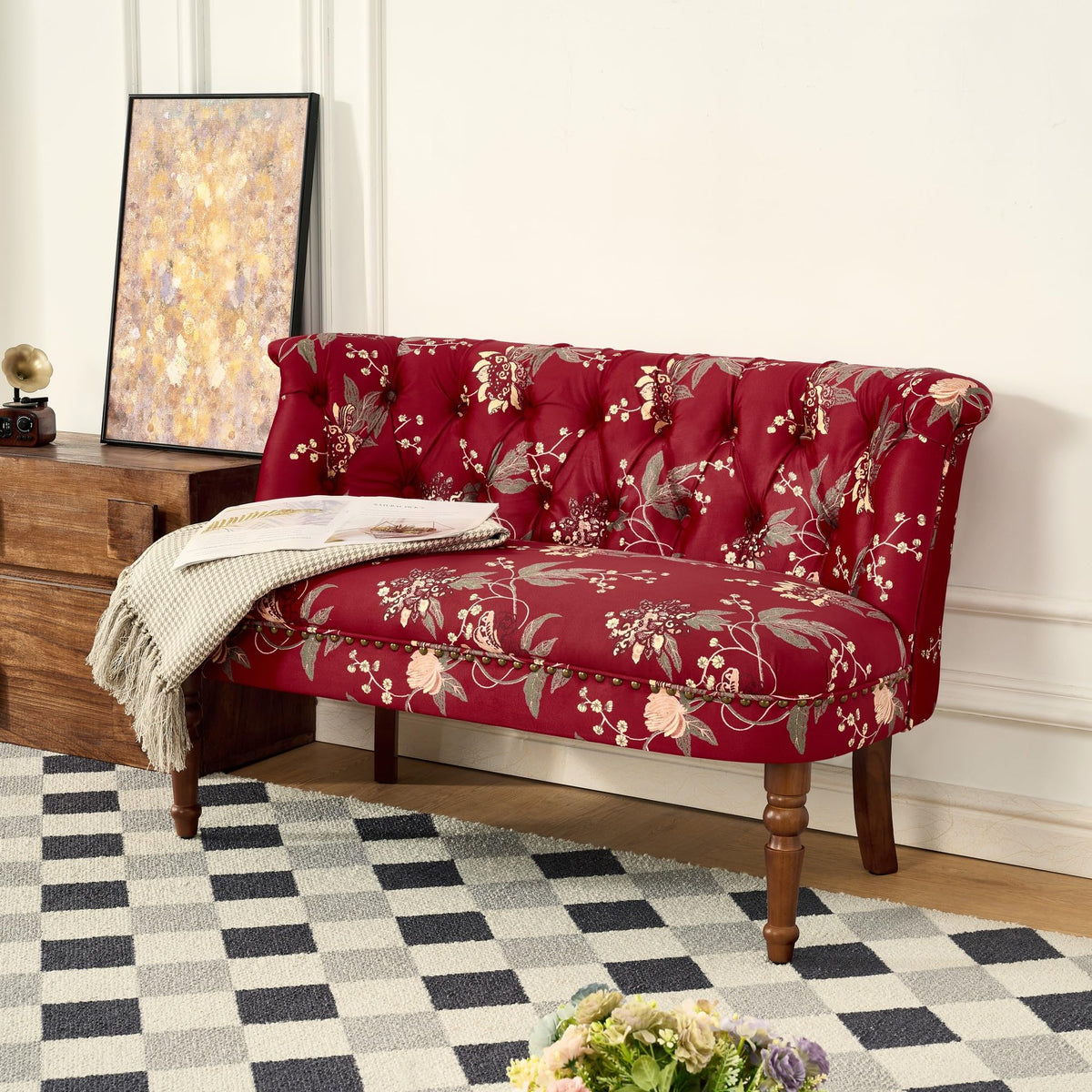 KEIKI 47.25" Floral Loveseat, Tufted Fabric Settee Couch, Red