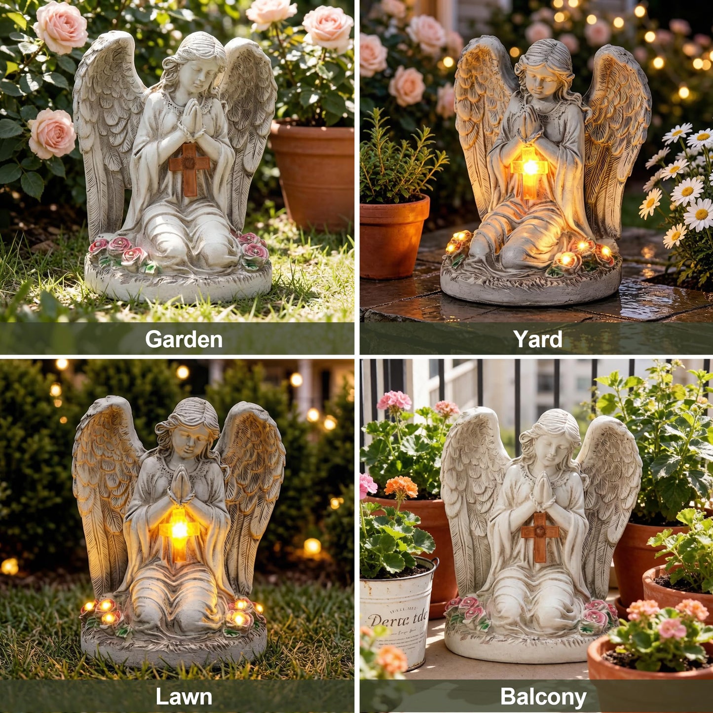 Ayadon Solar Angel Garden Statues with Cross and 6 LED Lights, Solar Outdoor Decor for Patio, Balcony, Yard, Cemetery, Waterproof Praying Angel Figurines, Lawn Ornaments Gifts for Women, Mom, Grandma