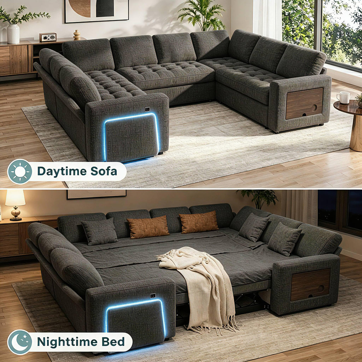 Sunny Heart 8 Seat U Shaped Sectional Sleeper Sofa Bed with Pull Out Bed, Chenille Sectional Sleeper Couch with Adjustable Backrest, USB Ports, LED, Side Table, Tool-Free Assembly,Gray