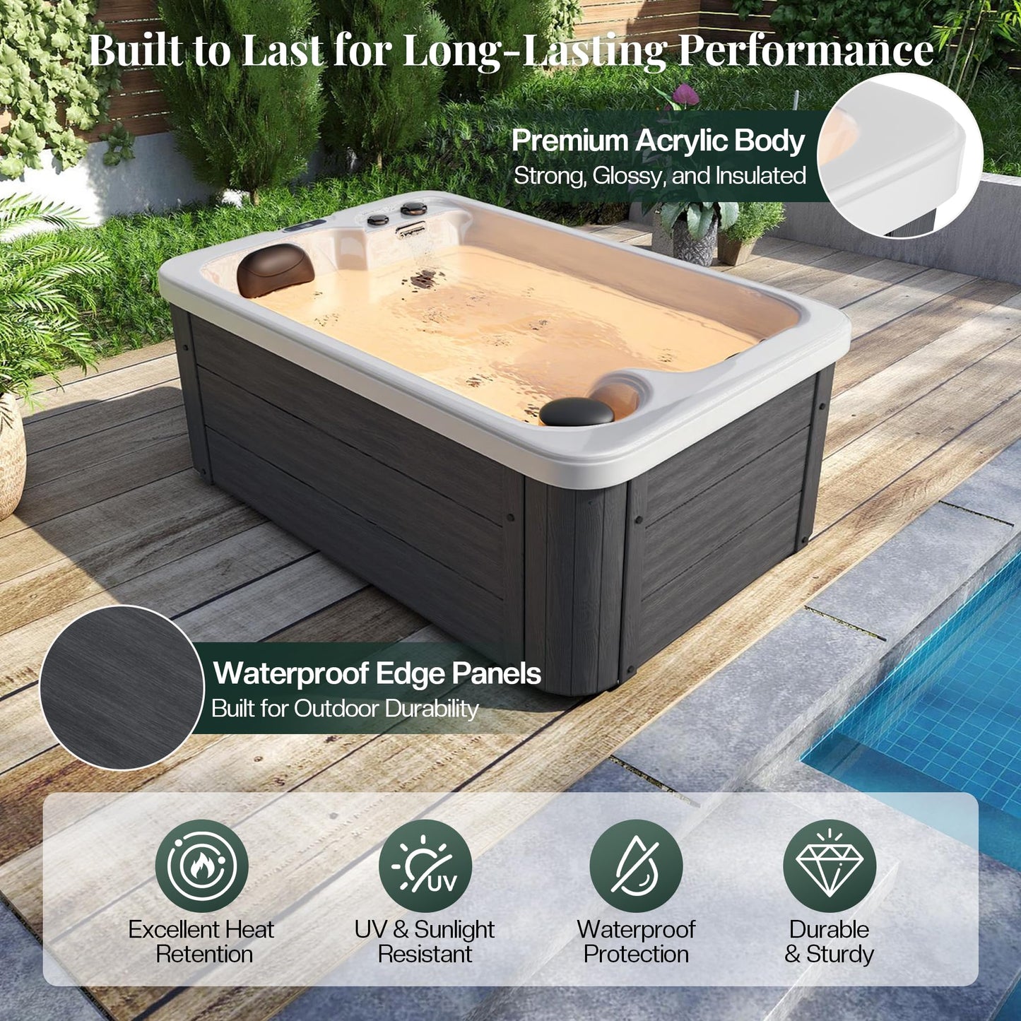 Jocisland 2 Person Outdoor Hot Tub with 15 Stainless Steel Jets, 110V Acrylic Plug & Play Hot Tub with LED Lights & Waterfall, Double Lounger Seat Spa with Cover, 2 Filters & 2HP Pump, Charcoal Gray