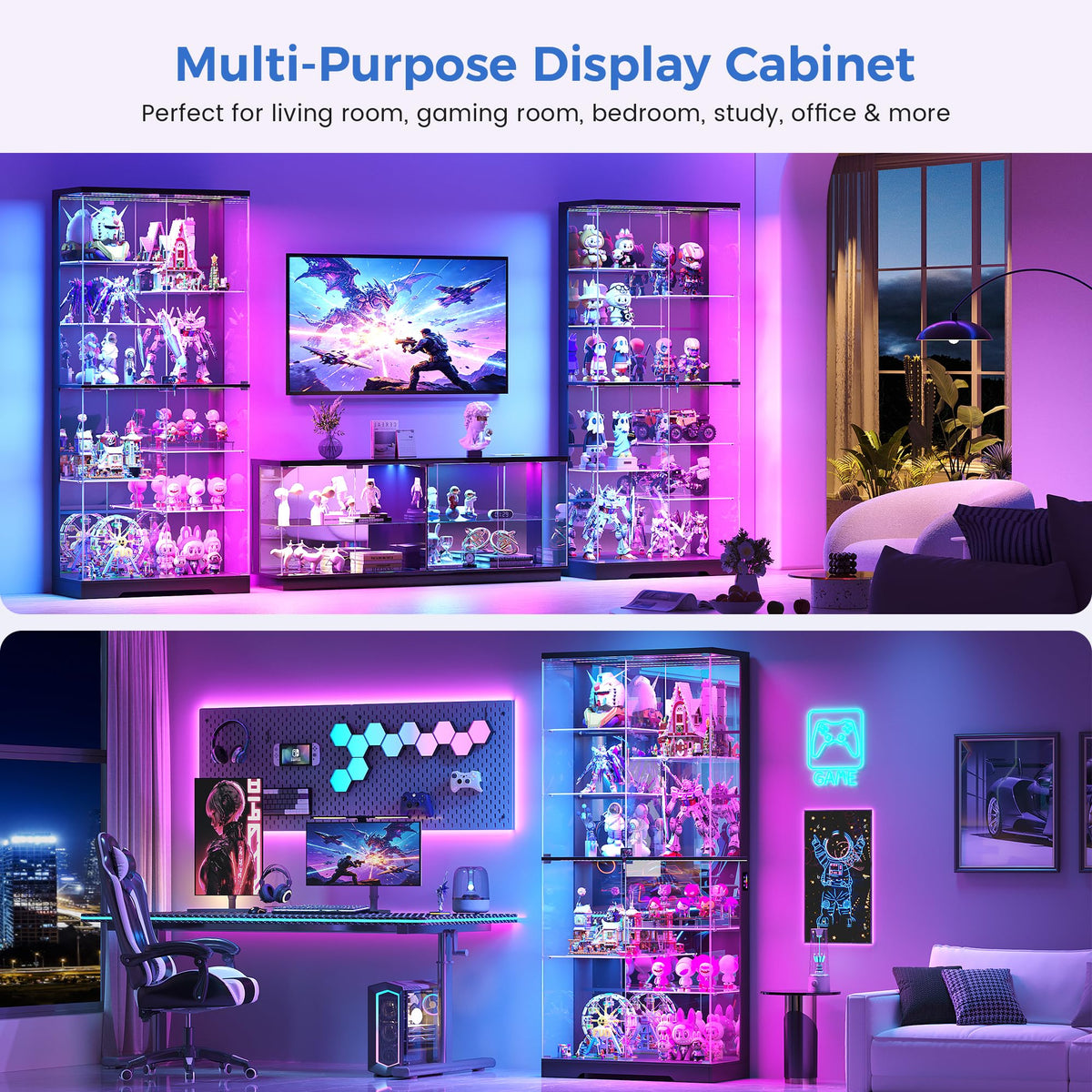 Lvifur 10-Tier Glass Display Cabinet with RGB Light and Motion Sensor,Black