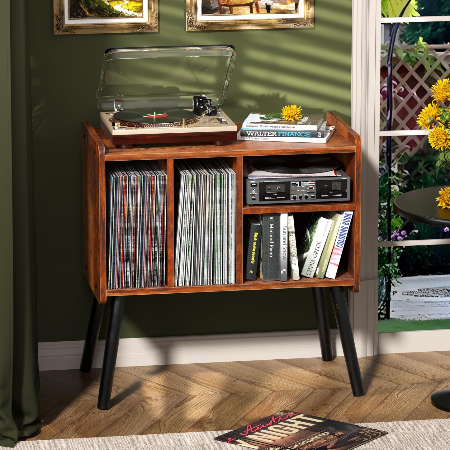 UODERS Record Player Table, Mid-Century Record Player Stand with Vinyl Storage Hold Up to 150+ Albums, Vinyl Record Cabinet with Adjustable Shelves, Wood Turntable Stand for Music Living Room (Brown)