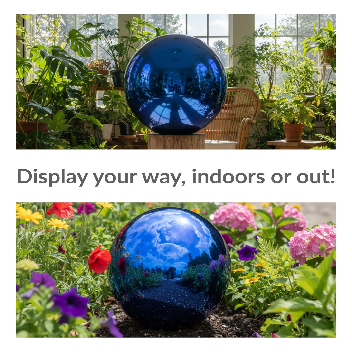 Sunnydaze 10-Inch Handblown Mirrored Glass Gazing Ball - Reflective Outdoor Garden Globe Sphere for Yard, Patio, Flower Bed, Walkway, and Landscape Decor - Blue Stainless Steel Finish