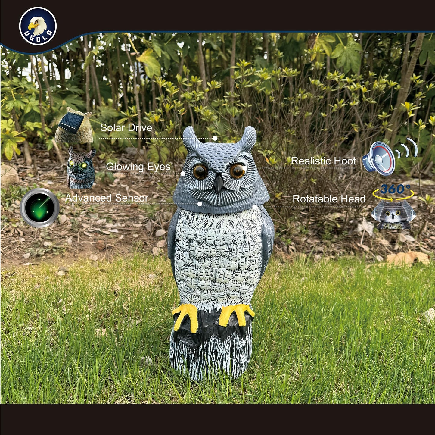 Ugold Solar Powered Garden Owl with Motion Detection, Rotating Head, Realistic Hoots and Silent Mode, Outdoor Statue and Sculpture, Owl Decoration for Home, Garden, Patio and Lawn