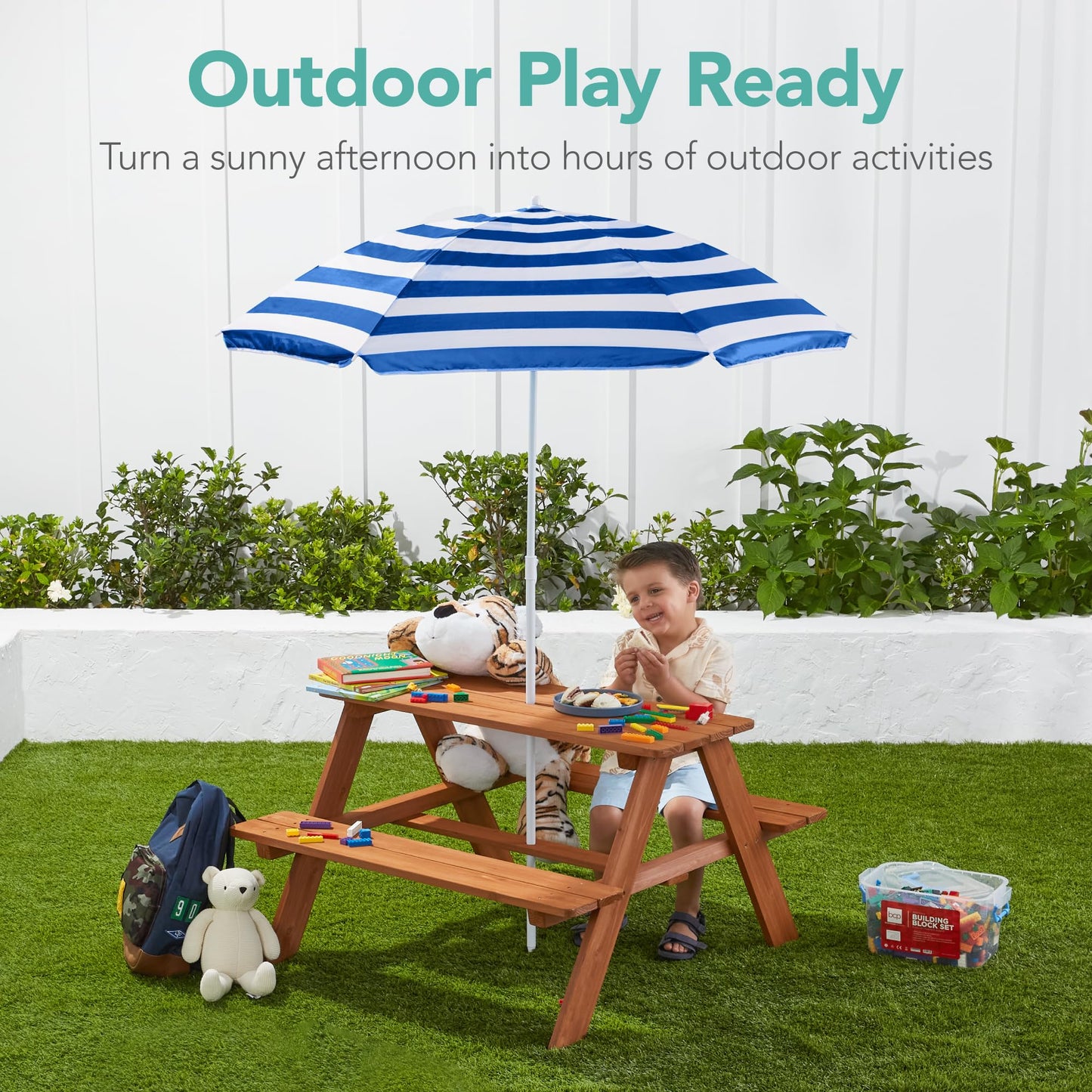 Best Choice Products Wooden Kids Picnic Table with Umbrella, Outdoor Activity Table Set with Built-in Benches, 220 lb Capacity per Bench - Golden Brown/Navy
