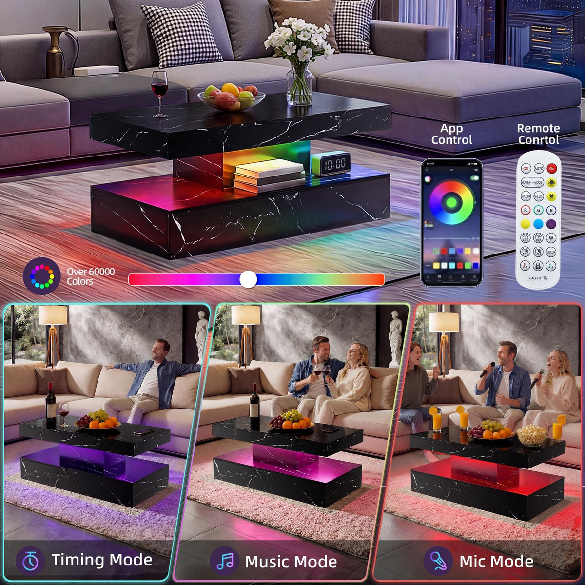 Fabulcozy 40" Modern Coffee Table with Storage Shelf, Faux Marble Fixed‑Top Center Table with LED Ambient Light, 2‑Tier Versatile Accent Table for Living Room & Small Spaces, Black