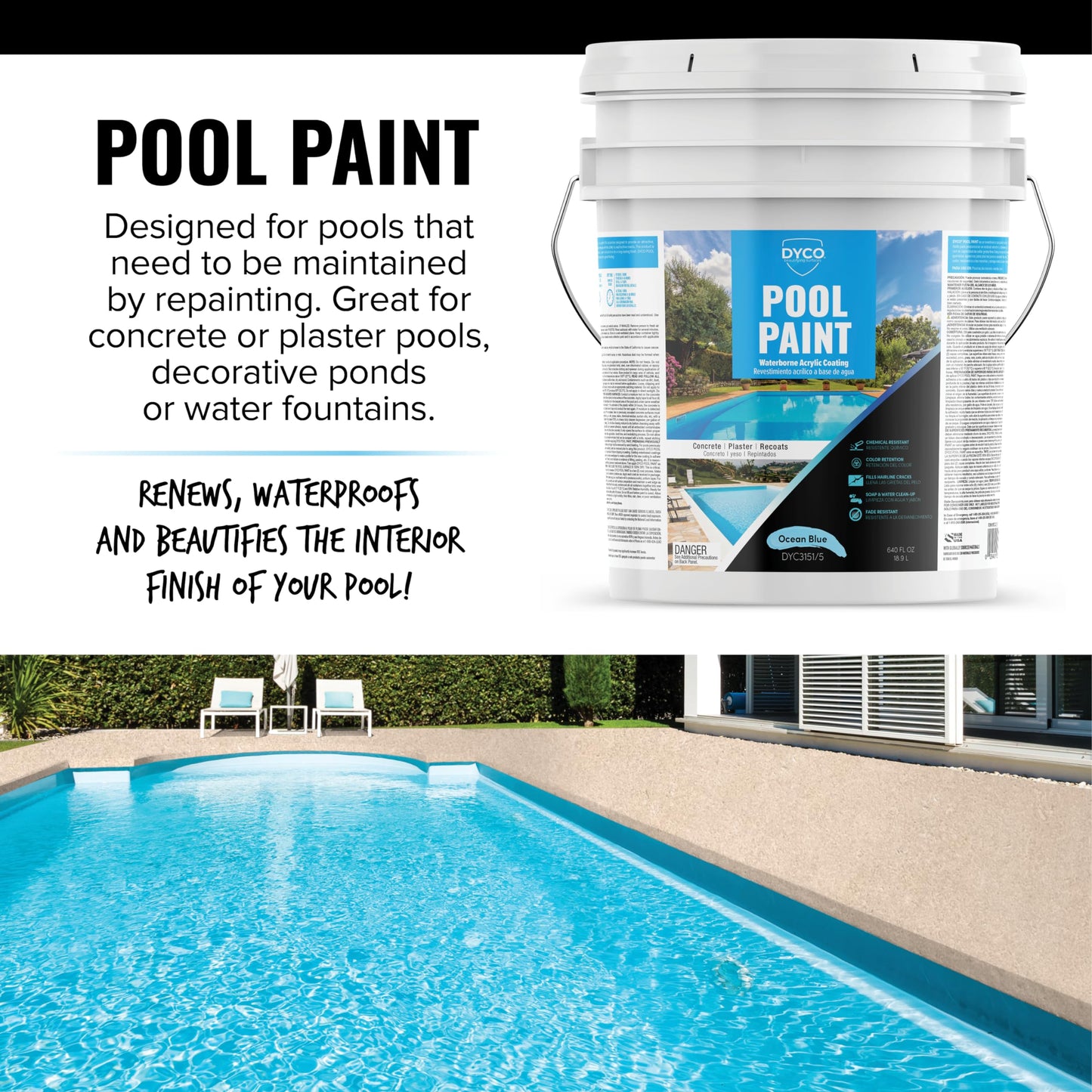 Dyco Waterborne Acrylic Pool Paint, Resistant to UV, Water, Salt, Chemicals, Fading, Cracking & More, Seals Hairline Cracks (Ocean Blue, 5 Gallon)