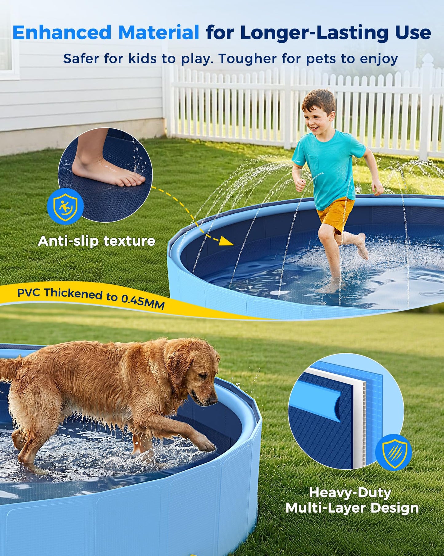 VISTOP 117" Extra Large Dog Pool with Sprinkler, Heavy Duty Foldable Hard Plastic Kiddie Pool, Non-Slip Collapsible Swimming Pool for Dogs, Kids & Pets, Portable Outdoor Backyard Water Play Tub