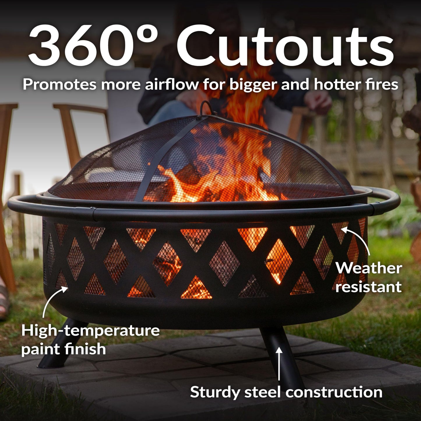 Sunnydaze Crossweave Outdoor Fire Pit - Wood-Burning Fire Pit for Outside with Spark Screen, Poker and Round Cover - 36-Inch - Black