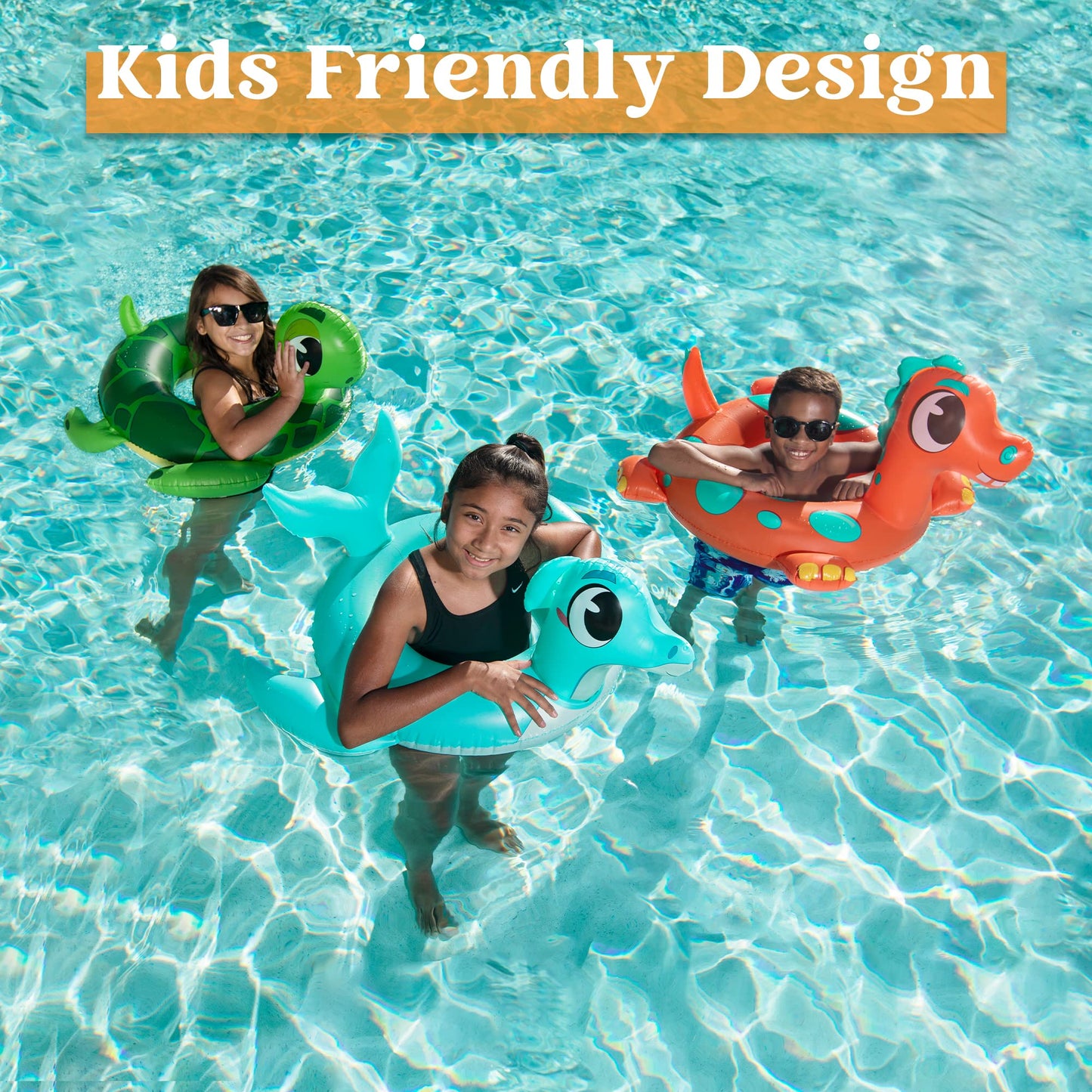 SLOOSH 3-Pack Inflatable Pool Tubes Floats - Dinosaur & Sea Turtle & Dolphin Swimming Rings for Kids Toddler, Pool Beach Water Float Party in Summer Decorations 32"
