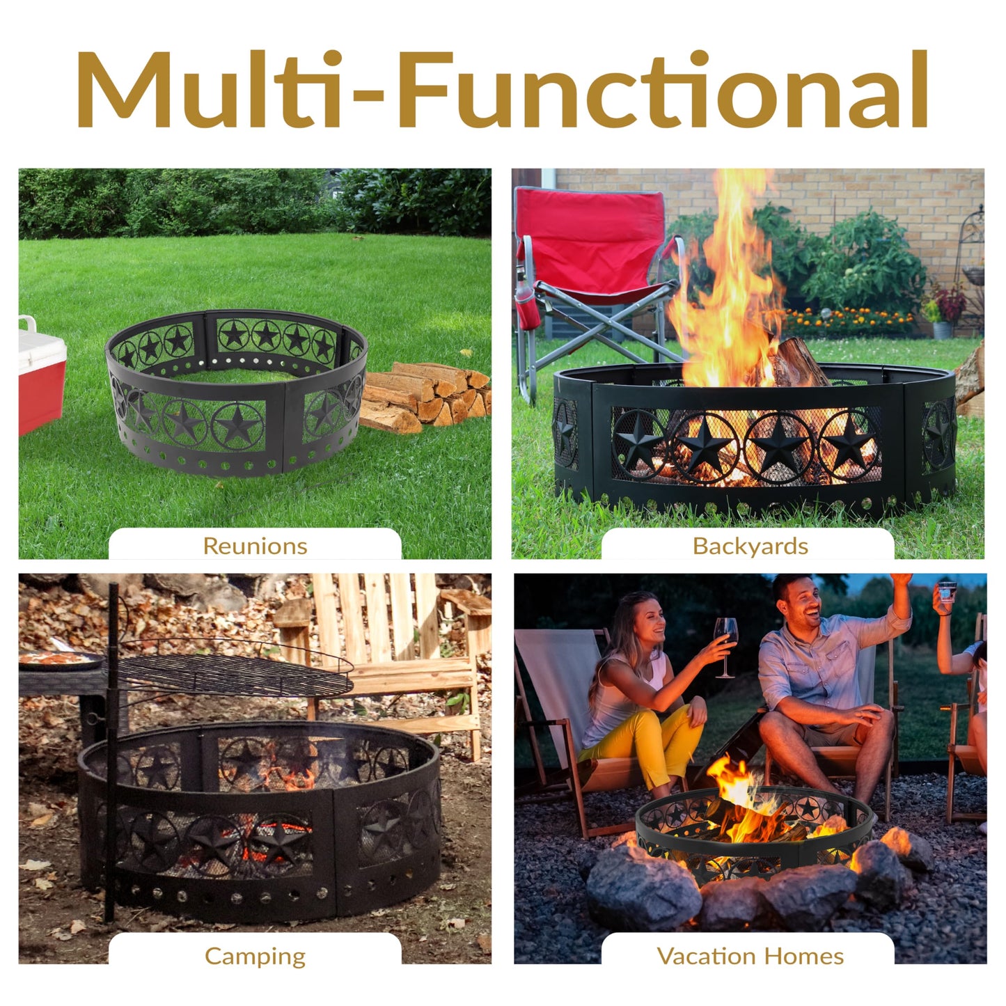Sunnydaze 36-Inch Outdoor Fire Pit Ring with Poker - Round Heavy-Duty Steel Fire Ring for Camping or Backyard - 4-Star - 12" H
