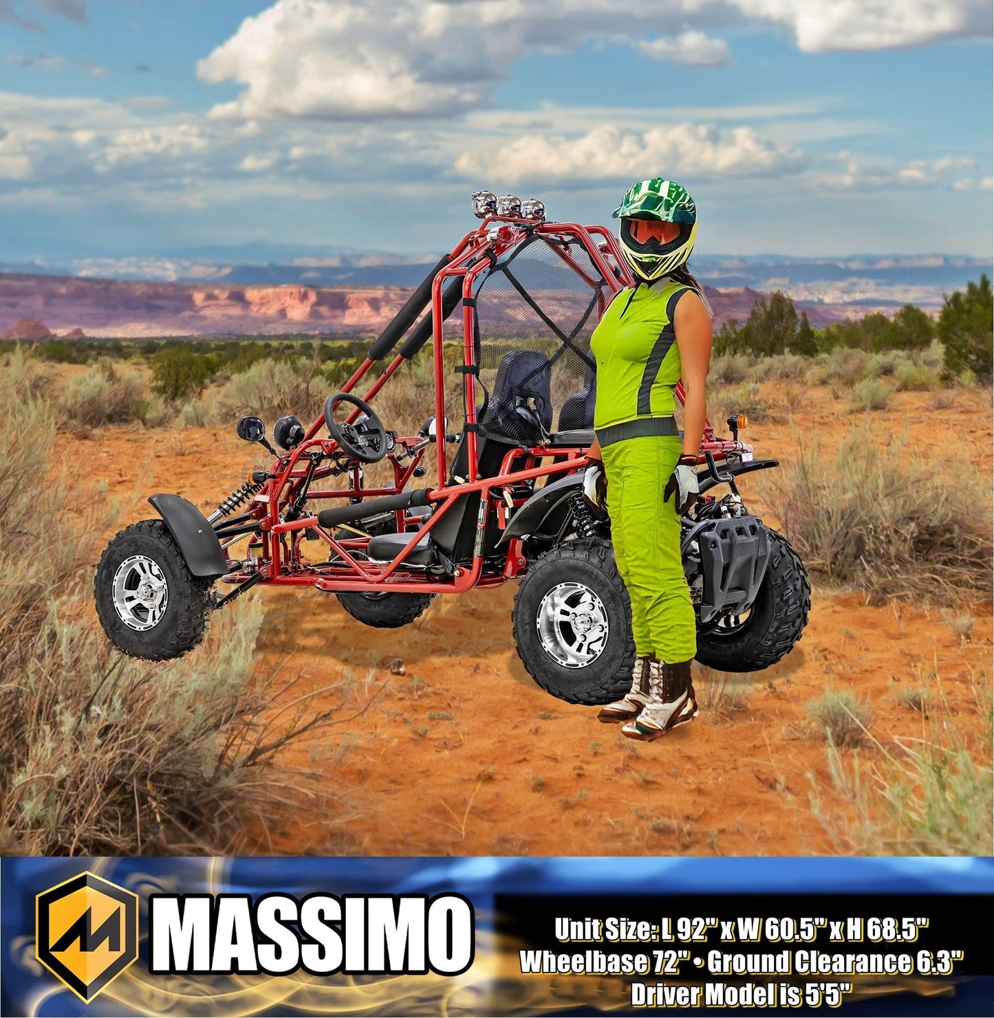 Massimo GKA 200 Go Kart, 169cc Engine, 10 HP, 35 MPH Top Speed, Independent Suspension, Adjustable Seats, Baja Lights, All-Terrain Tires, Adult Size for Ages 16+, Red