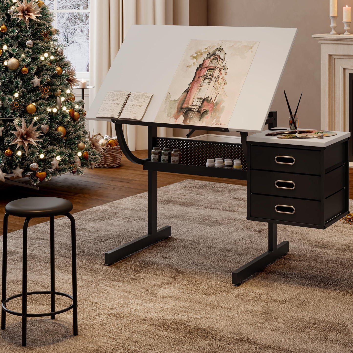 MOMONITOR White Adjustable Drafting Table with Stool & 3 Drawers, Tilting Art Desk for Drawing & Crafting, Multi-Functional Study & Office Desk