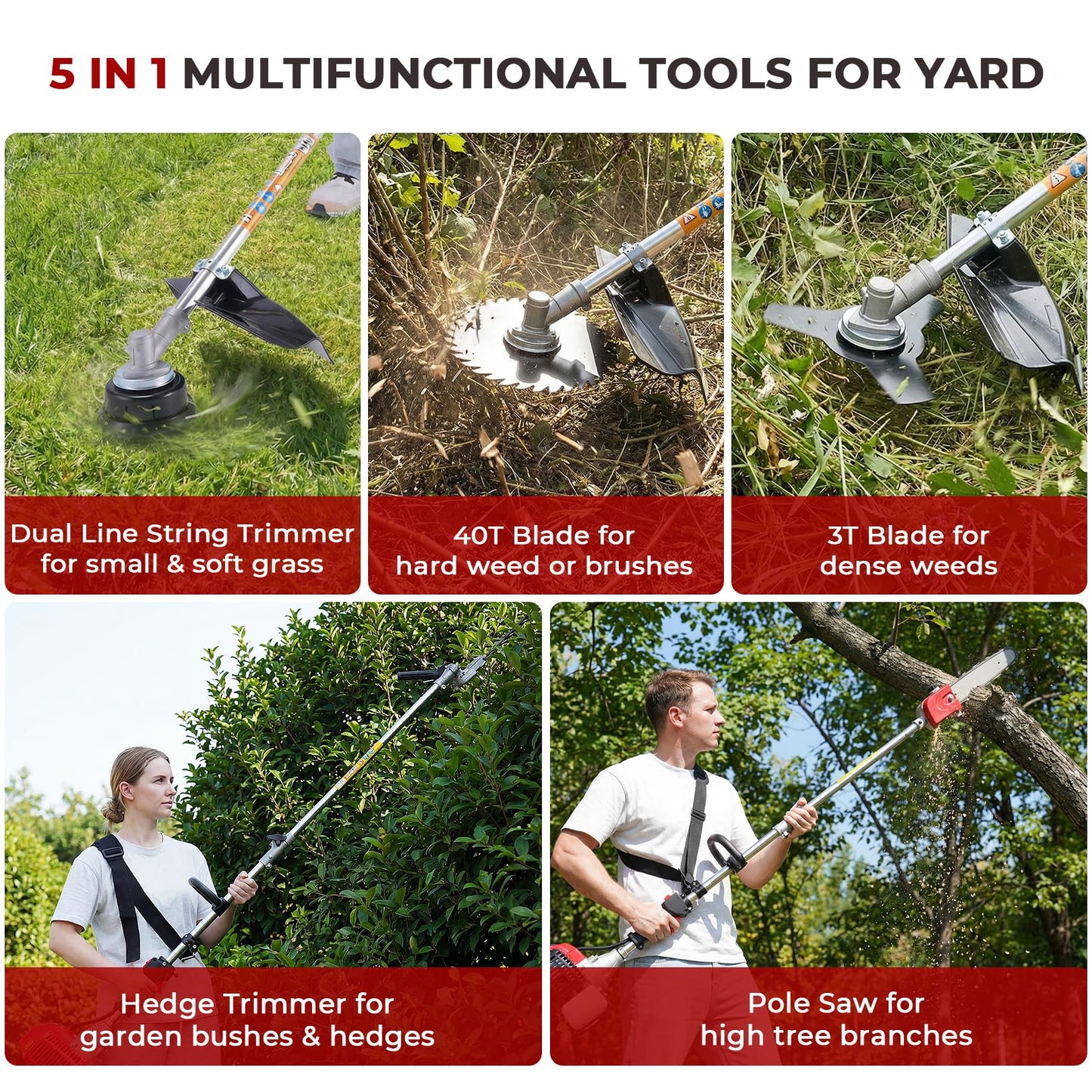 Pole Saws Gas Powered 6-in-1, 58CC 2-Cycle Powerful Gas Pole Saw Include String Trimmer Brush Cutter Pole Saw Hedge Trimmer Brush Cutter for Yard, Garden